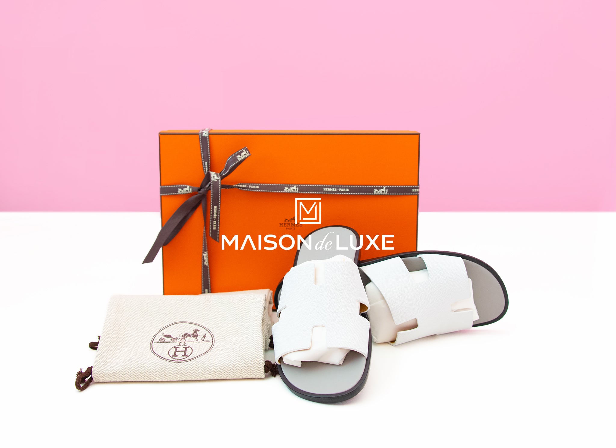 Hermes Men's White & Gray Izmir Sandal Size 43.5 | Premium Leather Summer Slides for Beach, Pool & Casual Wear