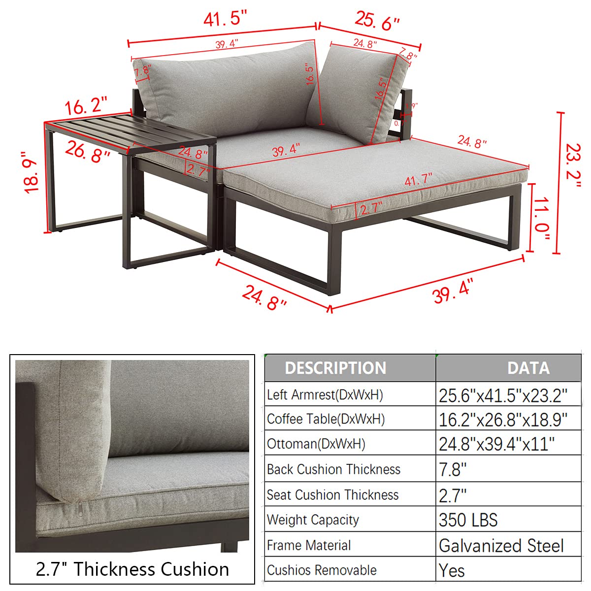 3-Piece Outdoor Sectional Patio Furniture Set - Grey Conversation Sofa with Ottoman & Coffee Table for Backyard, Porch, Balcony | Durable Wicker & Weather-Resistant Cushions | Perfect for Entertaining Guests or Relaxing Outdoors