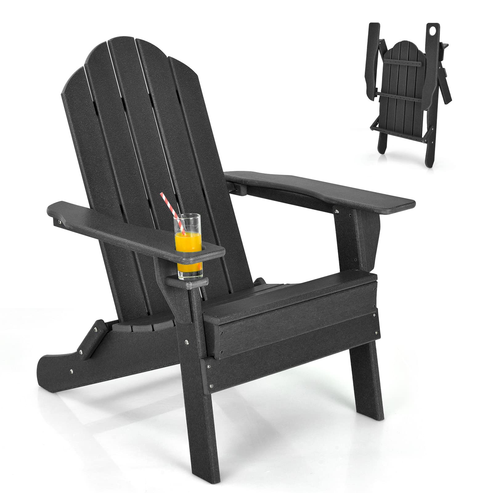 **Giantex Adirondack Chair - Outdoor Folding Patio Chair with Cup Holder, HDPE Weather-Resistant, Lightweight & Durable for Backyard, Deck, Garden, Poolside, Camping (Black, 1-Pack)**    *Perfect for relaxing by the fire pit, hosting outdoor gatherings, or enjoying a sunny afternoon with a cold drink.*