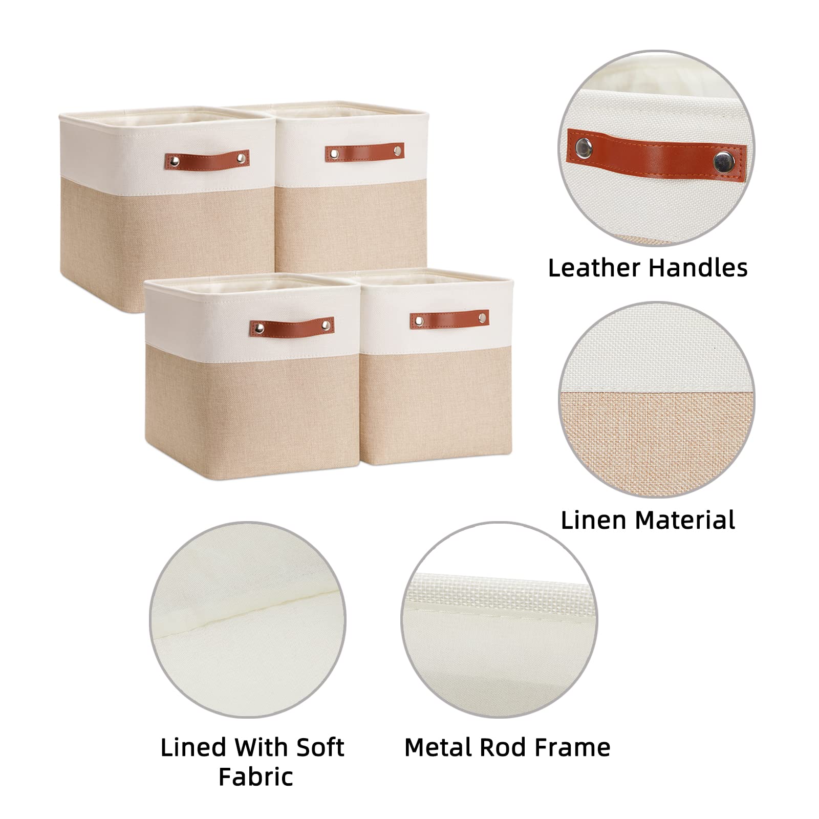 HNZIGE Foldable Storage Baskets 4 Pack - 12x12 Cube Organizer Bins for Shelves, Closet, Home & Office Organization - White & Beige Fabric Storage Boxes with Handles | Perfect for Bedroom, Nursery, Pantry & Toy Storage