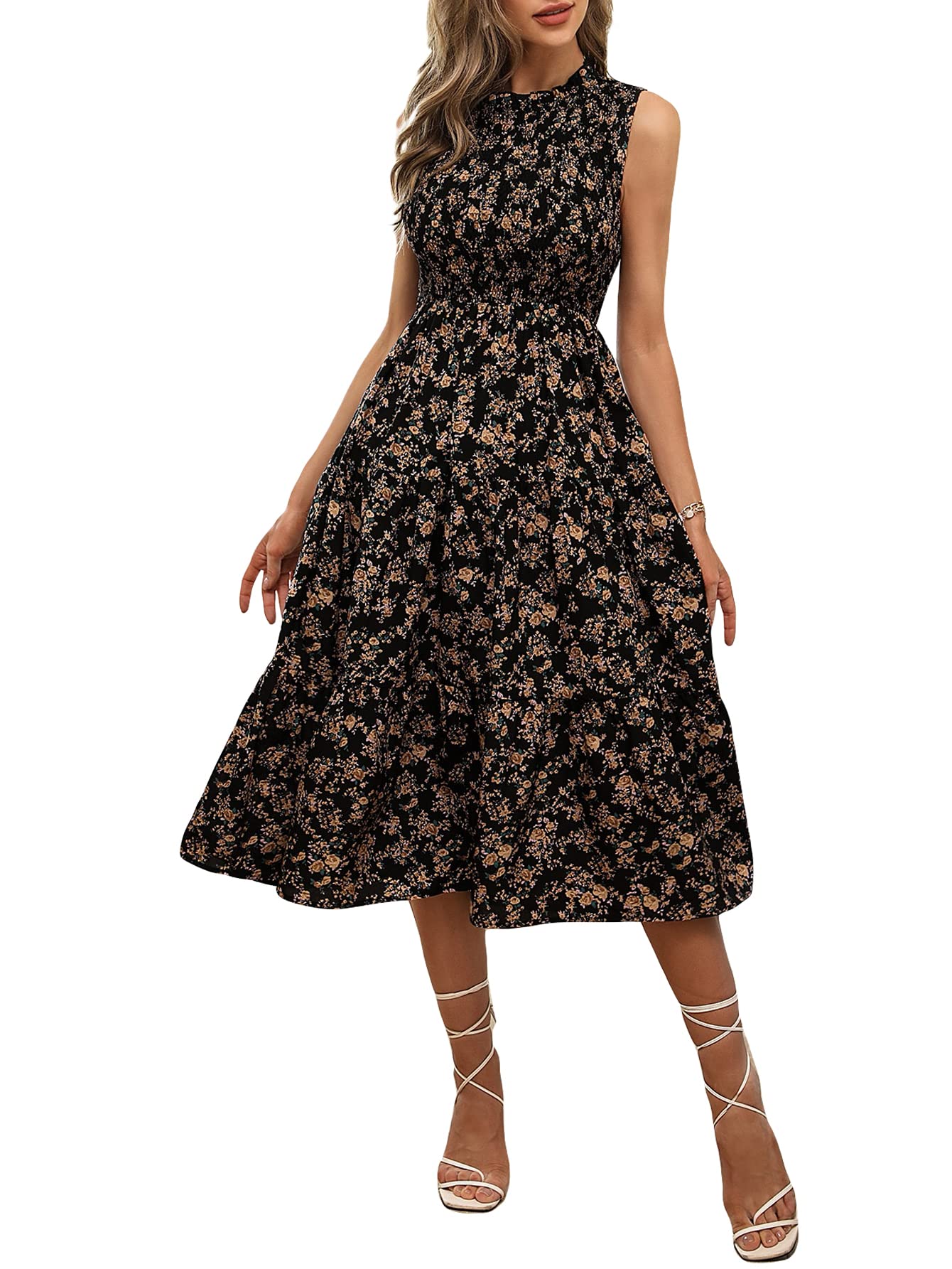 MakeMeChic Women's Floral Print Sleeveless A-Line Ruffle Midi Dress - Summer Tiered Dress with Frilled Neckline for Beach, Wedding & Party Occasions