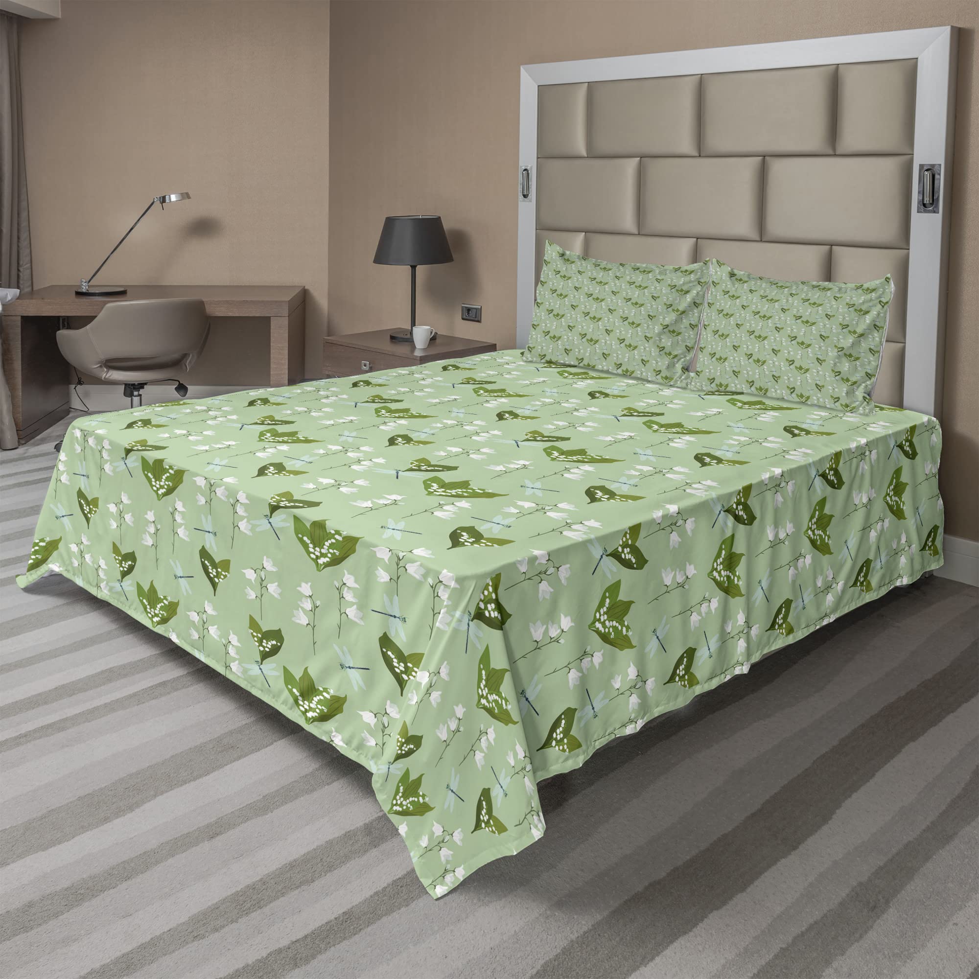 Ambesonne Floral King Sheet Set - Dragonflies & Campanula Flowers Wild Nature Design, 4-Piece Bedding Set with Fitted Sheet, Flat Sheet & Pillowcases in Pale Green & Blue | Perfect for Master Bedroom, Guest Room & Bohemian Home Decor