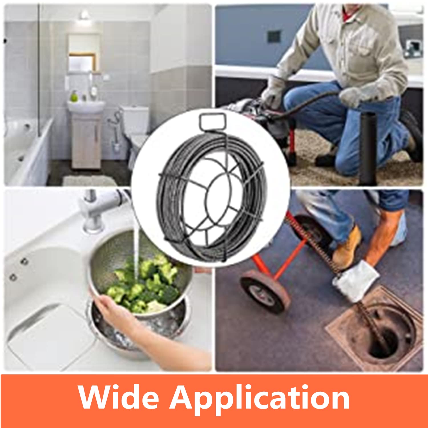 Willbebest 60 Feet x 5/8 Inch Hollow Core Drain Cleaning Cable - Heavy Duty Sewer Snake Auger for Clogged Pipes & Drains - Perfect for Kitchen Sinks, Bathroom Drains, and Outdoor Sewer Lines
