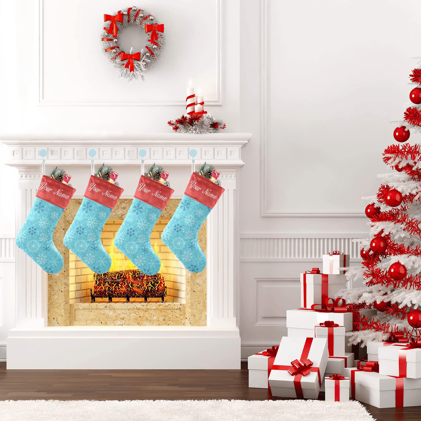 Personalized Snowflake Blue Christmas Stockings with Custom Names - 17.52 x 7.87 Inch Holiday Decor for Family, Party & Gift Exchange - Perfect for Fireplace Mantel, Tree Decorations and Festive Home Decor