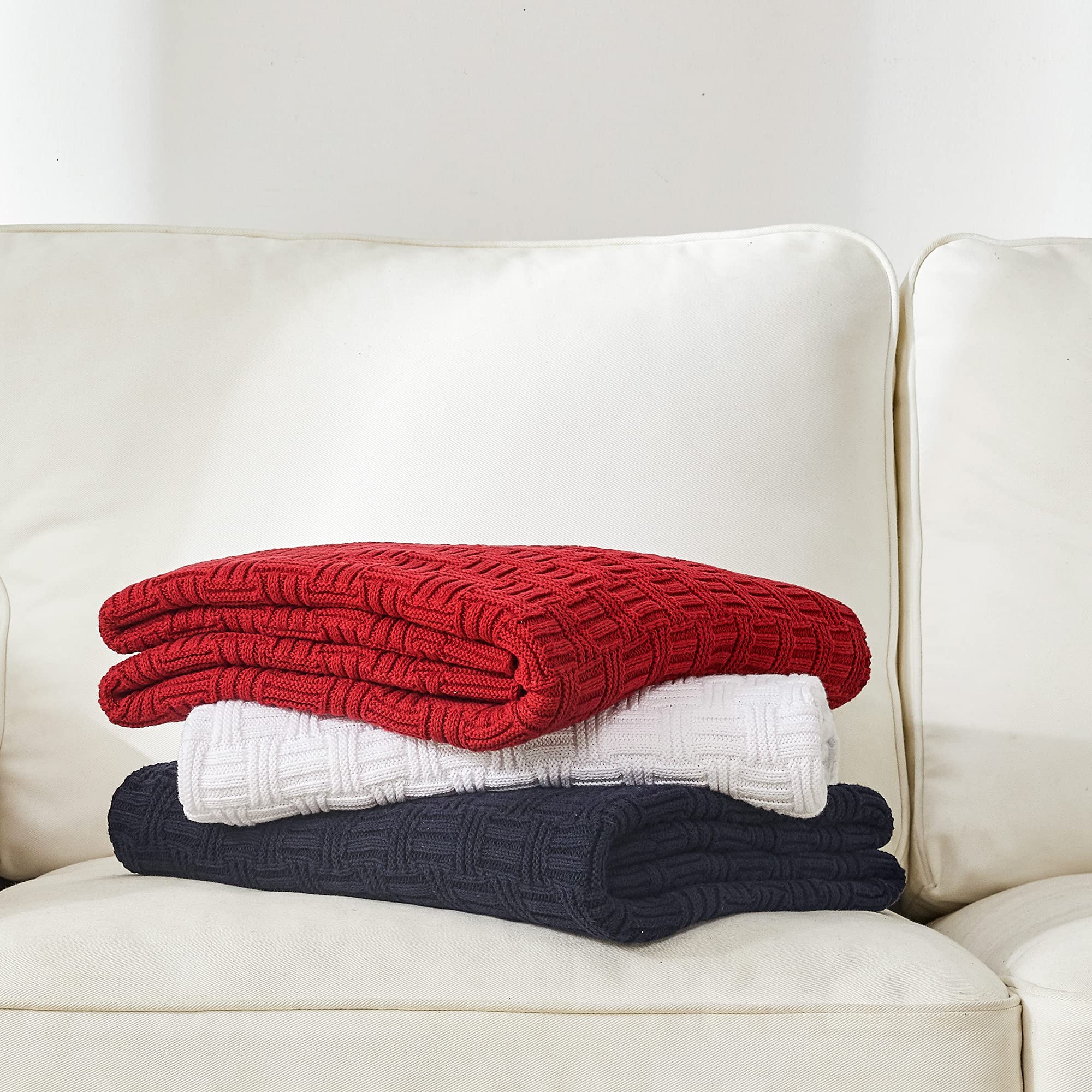 Soft Red Cable Knit Throw Blanket - 50x60 Inch Cotton Knitted Blanket for Couch, Sofa, Bed & Beach - Cozy Lightweight Decorative Blanket for Home, Travel & Outdoor Use