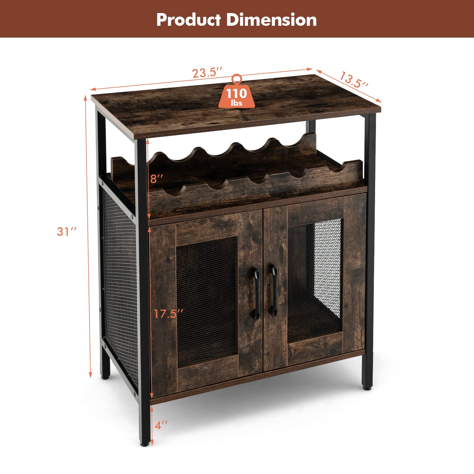 Industrial Wine Bar Cabinet with Detachable Rack & Glass Holder - Metal Mesh Door Coffee Bar Sideboard for Kitchen, Living Room | Perfect for Entertaining, Dining Storage & Home Decor