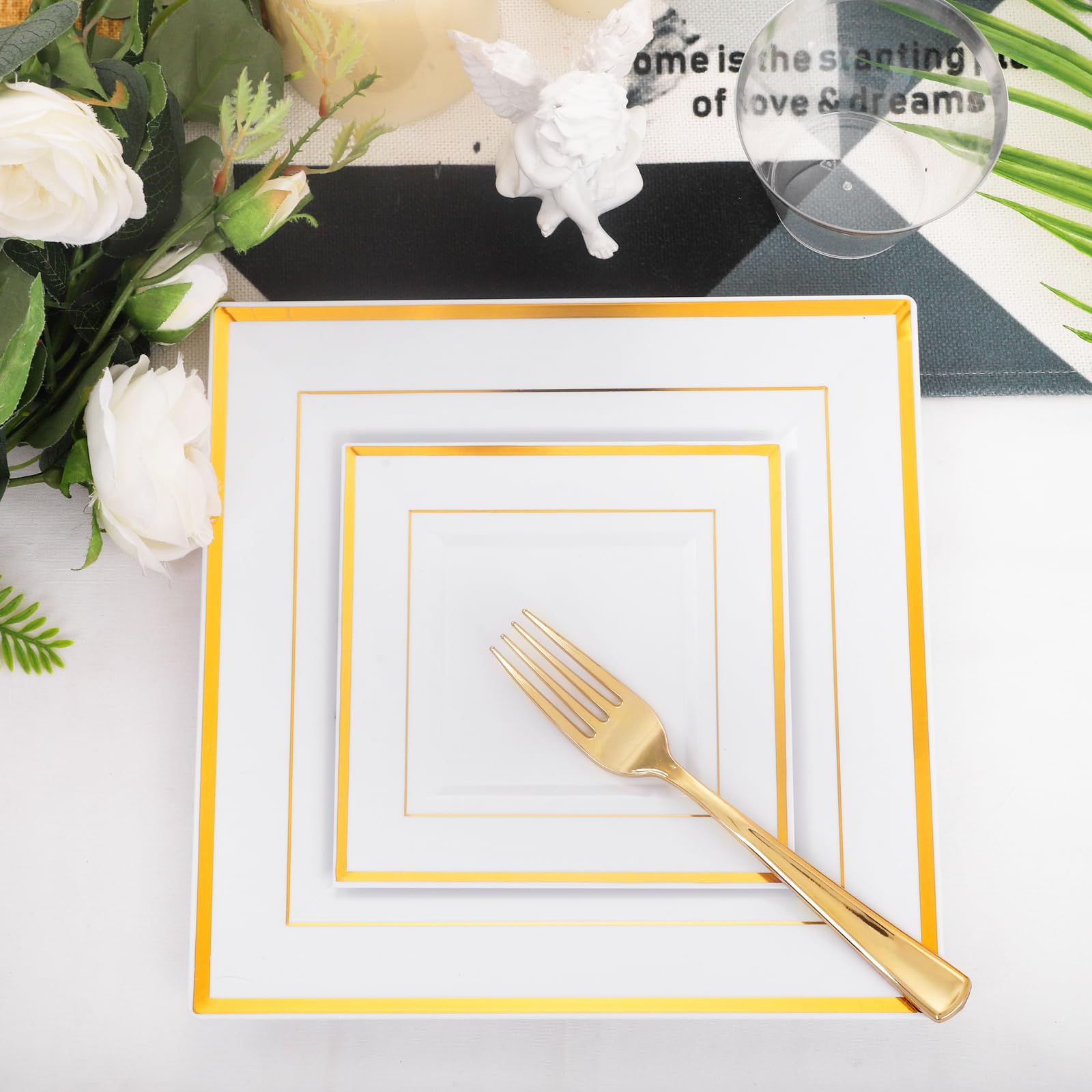 350Pcs Gold Plastic Party Plates Set - Disposable Square Gold Dinner Plates, Dessert Plates, Cups, Cutlery & Napkins for Wedding, Birthday, Anniversary Celebrations - Elegant Tableware for Special Occasions