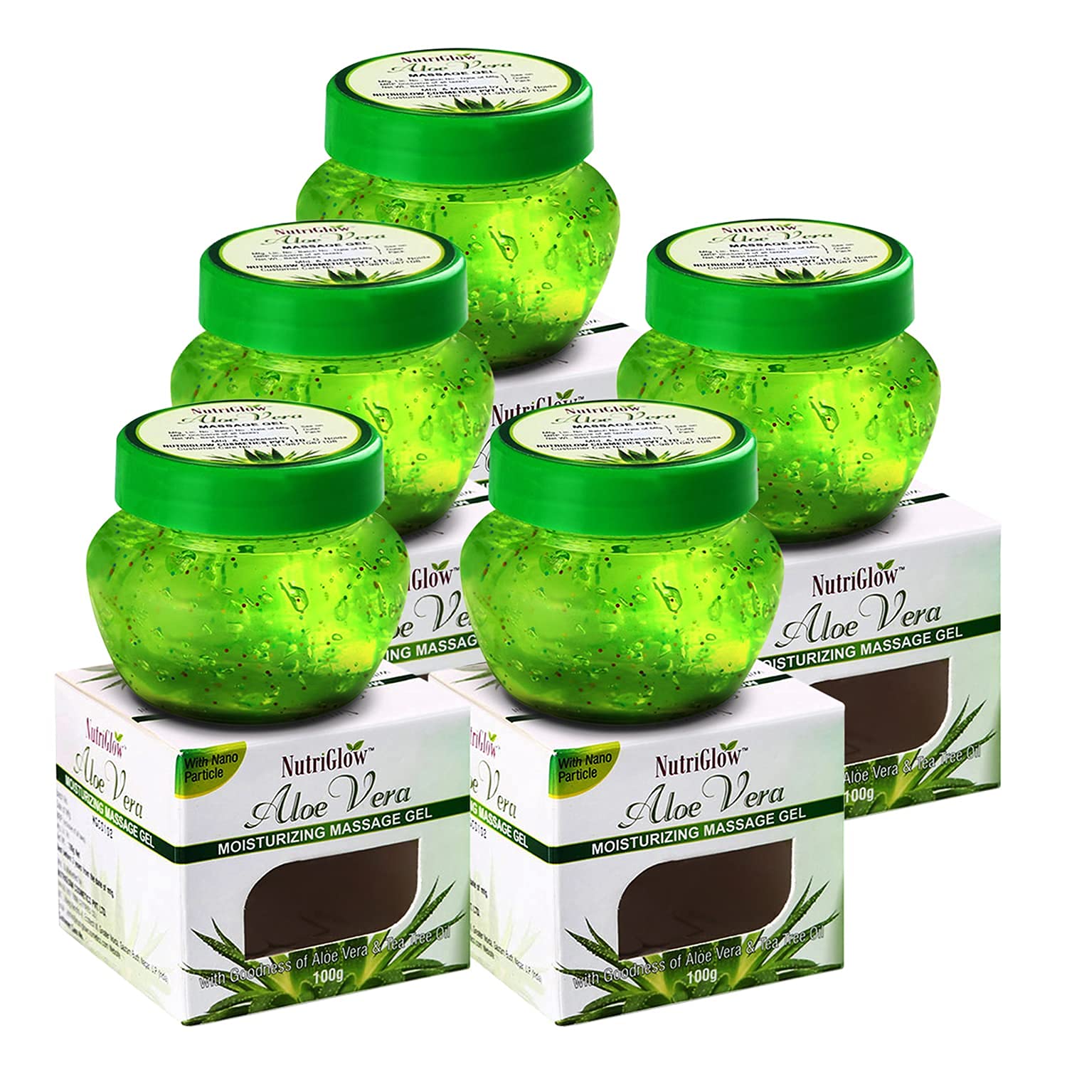 NutriGlow Aloe Vera Face Gel for Hydration & Skin Repair - Soothes Acne, Sunburn, Bug Bites & Rashes | Non-Sticky Moisturizing Gel for Face & Hair | Promotes Glowing Skin | 100g Each (Pack of 5) | Perfect for Daily Skincare, Post-Sun Care & Hair Treatment