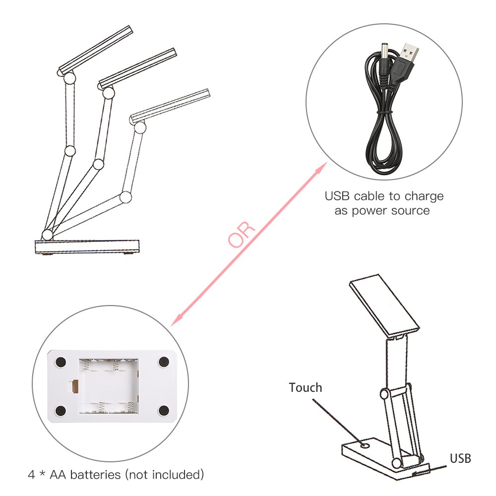 Foldable LED Desk Lamp with Touch Control - 3 Brightness Levels, USB & Battery Powered - Portable Reading Light for Travel, Study, Home Office & School - Perfect for Night Reading, Working & Studying in Bed or Desk