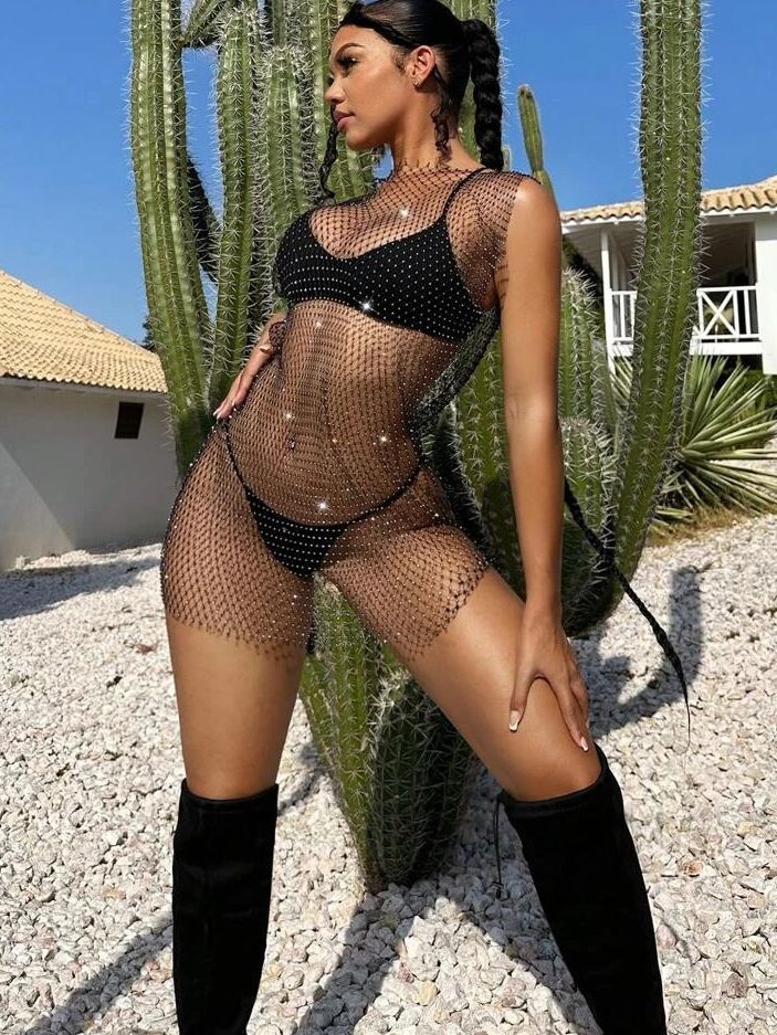 ZASUWA Women's Sexy Fishnet Crystal Lingerie Set - Sheer Mesh Beach Dress with Rhinestones, No Bikini Included | Perfect for Pool Party, Nightclub, and Romantic Occasions