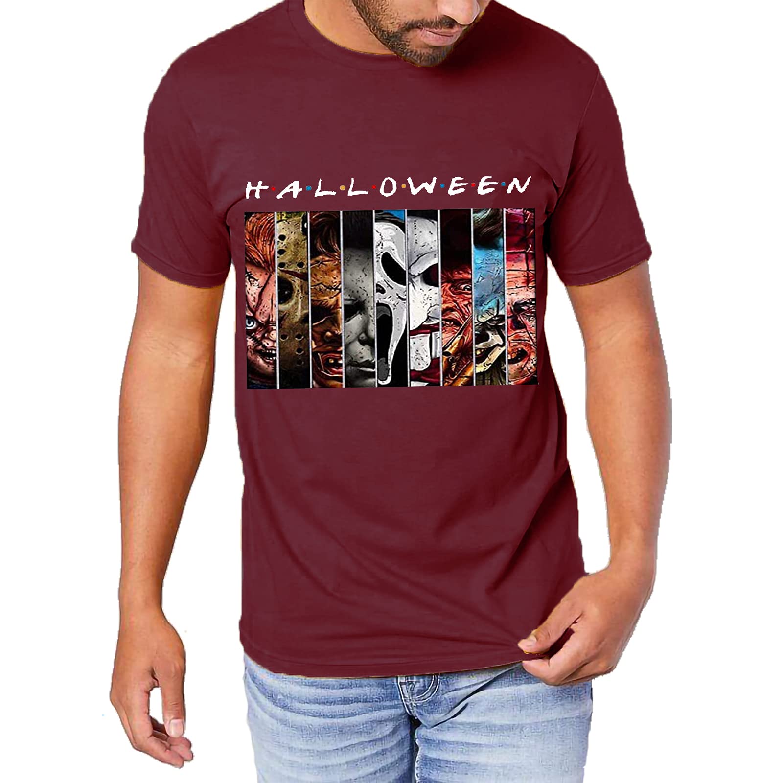 Women's Friends Halloween Horror Shirt - Spooky Movie Character Graphic Novelty Tee for Halloween Parties & Cosplay