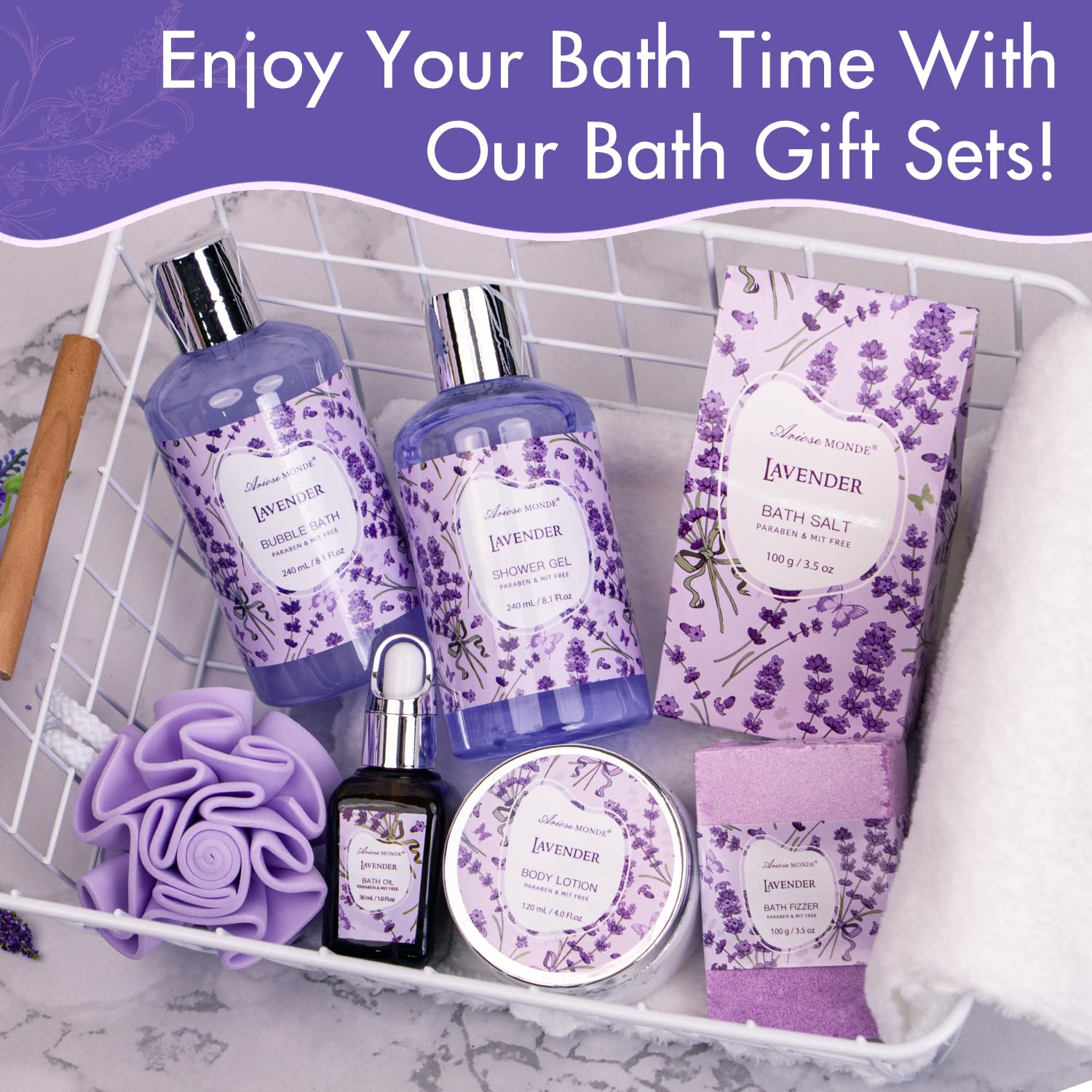 Luxury Lavender Spa Gift Basket for Women - Relaxing Bath & Body Care Set with Essential Oils, Bath Salts, Scented Candles - Perfect Self Care Birthday Gifts for Her, Mother's Day Present & Home Spa Relaxation Kit