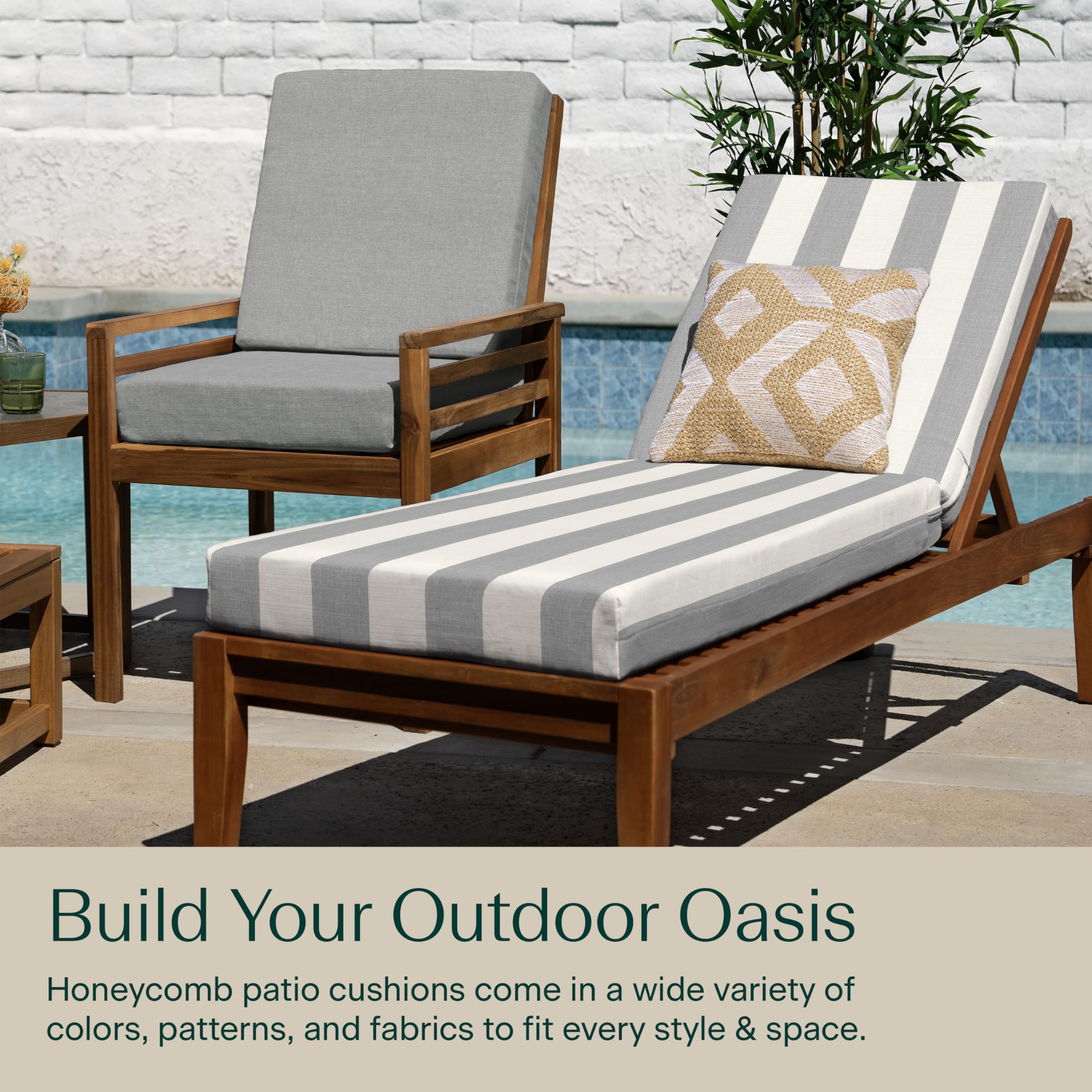Honeycomb Outdoor Chaise Lounge Chair with Cabana Stripe Stone Grey Patio Cushion - 22.5