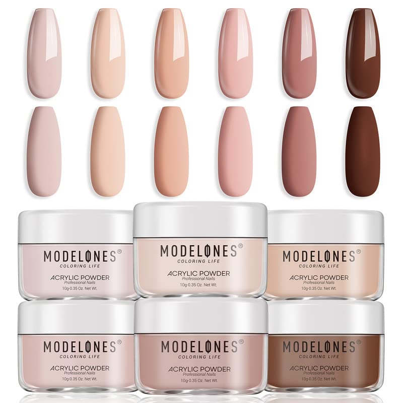 Modelones 6 Colors Nude Acrylic Powder Kit - Skin Tone Brown Neutral Nail Extension Powder for DIY Nail Art, No UV Lamp Needed (C3-Nude Neutral) | Perfect for Salon Professionals & Home Manicures