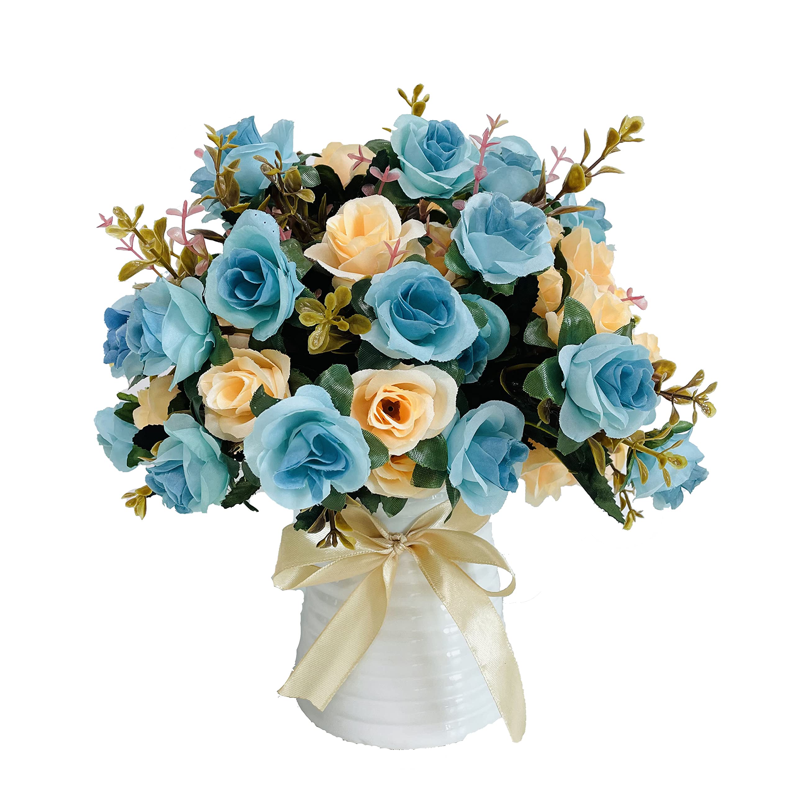 Artificial Rose Bouquet in Ceramic Vase - Blue Silk Fake Flowers for Home, Office, Wedding & Table Decor - Perfect for Centerpieces, Gift Giving & Event Styling