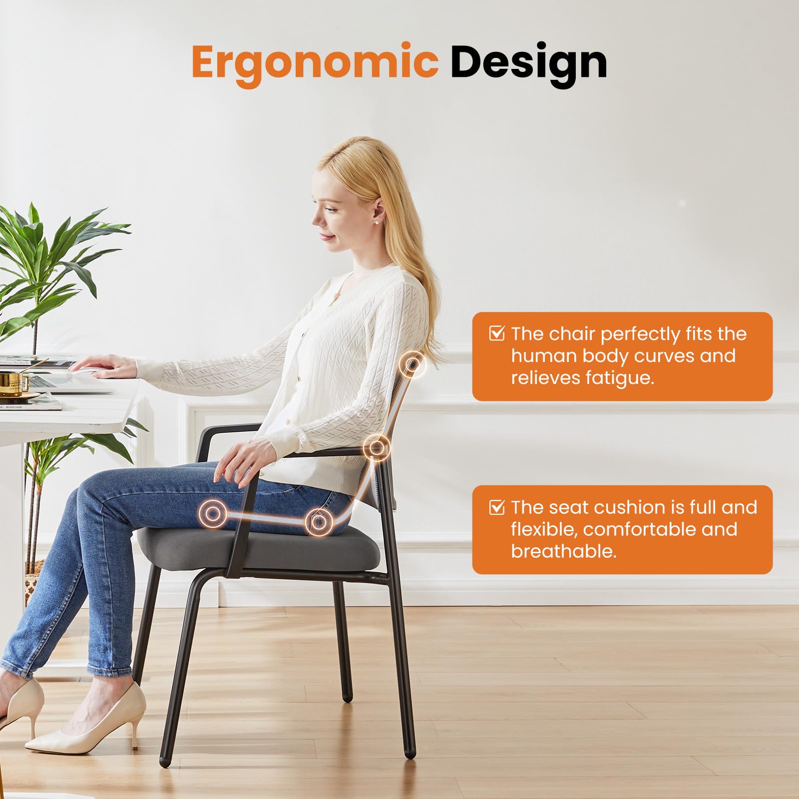 Sweetcrispy Mesh Back Stacking Arm Chairs - 2 Pack Grey, Upholstered Fabric & Sturdy Metal Frame Office Chairs for Home, School, Party, Church - Indoor & Outdoor Use - Easy to Store & Assemble - Perfect for Events, Classrooms, and Home Offices