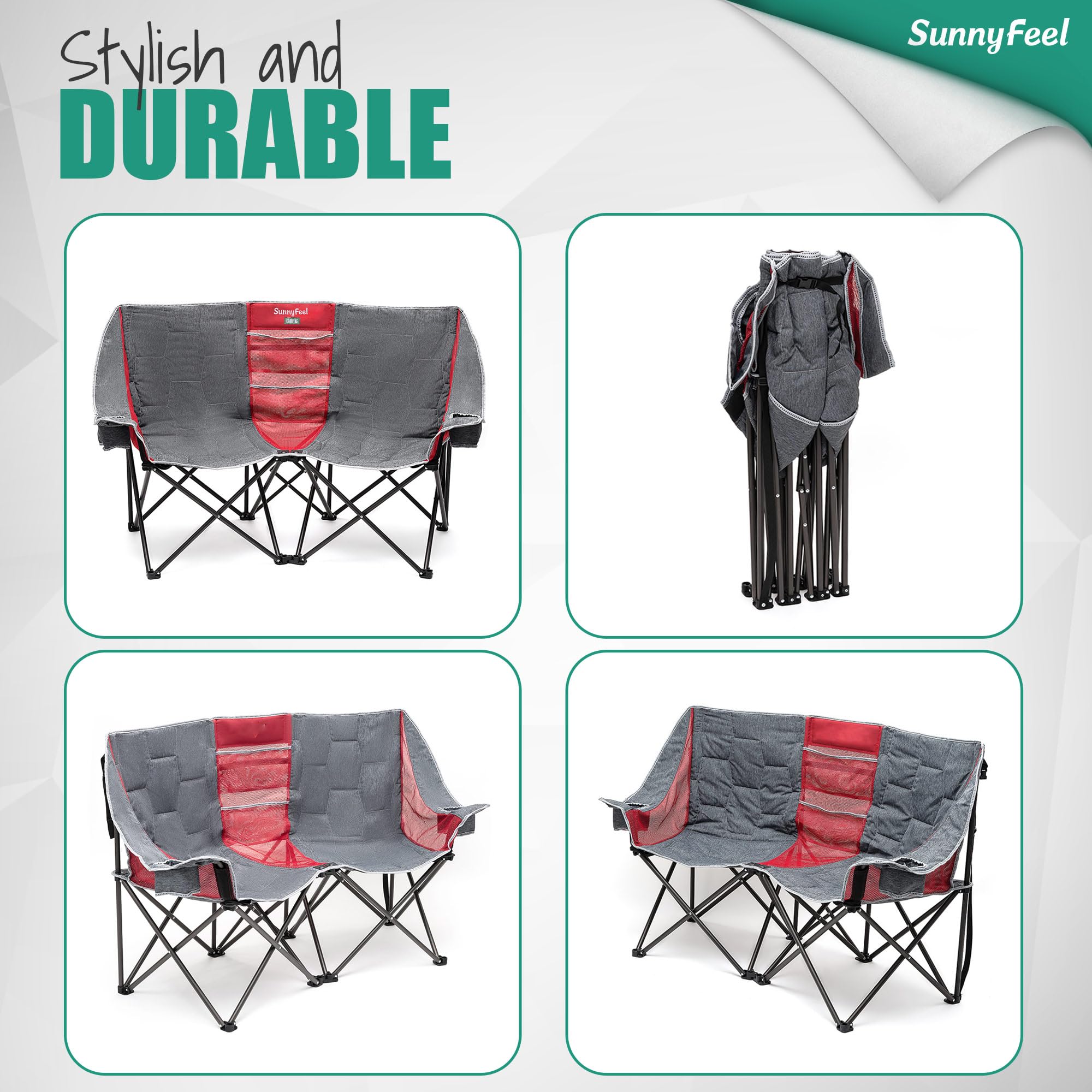**SUNNYFEEL Heavy Duty Folding Double Camping Chair - Oversized Portable Loveseat for 2 Adults with Storage Pouch - Perfect for Outdoor, Travel, Picnic, Beach, and Backyard Relaxation**