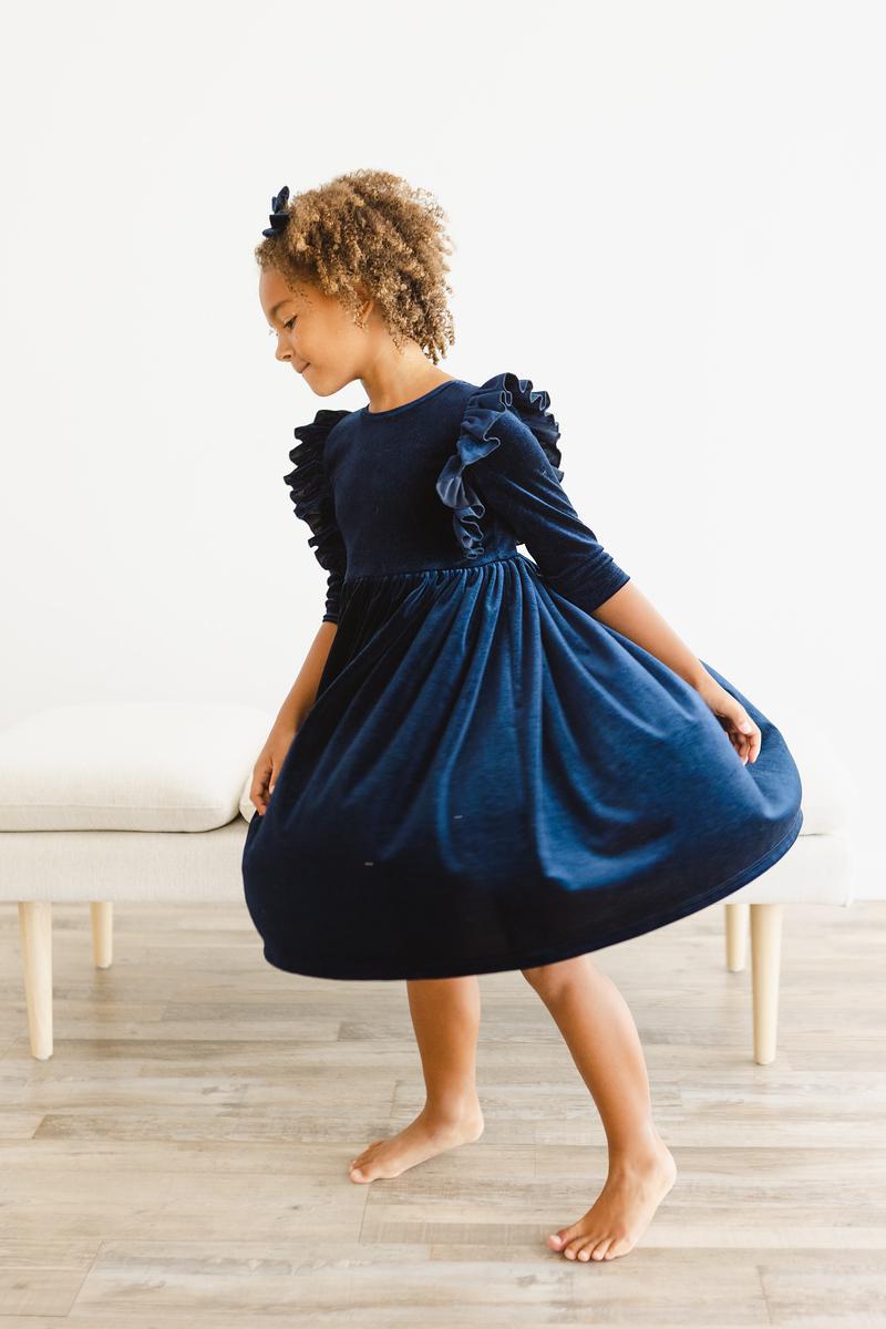 Navy Blue Velvet Ruffle Twirl Dress for Girls | Elegant Party Dress for Weddings, Holidays & Special Occasions