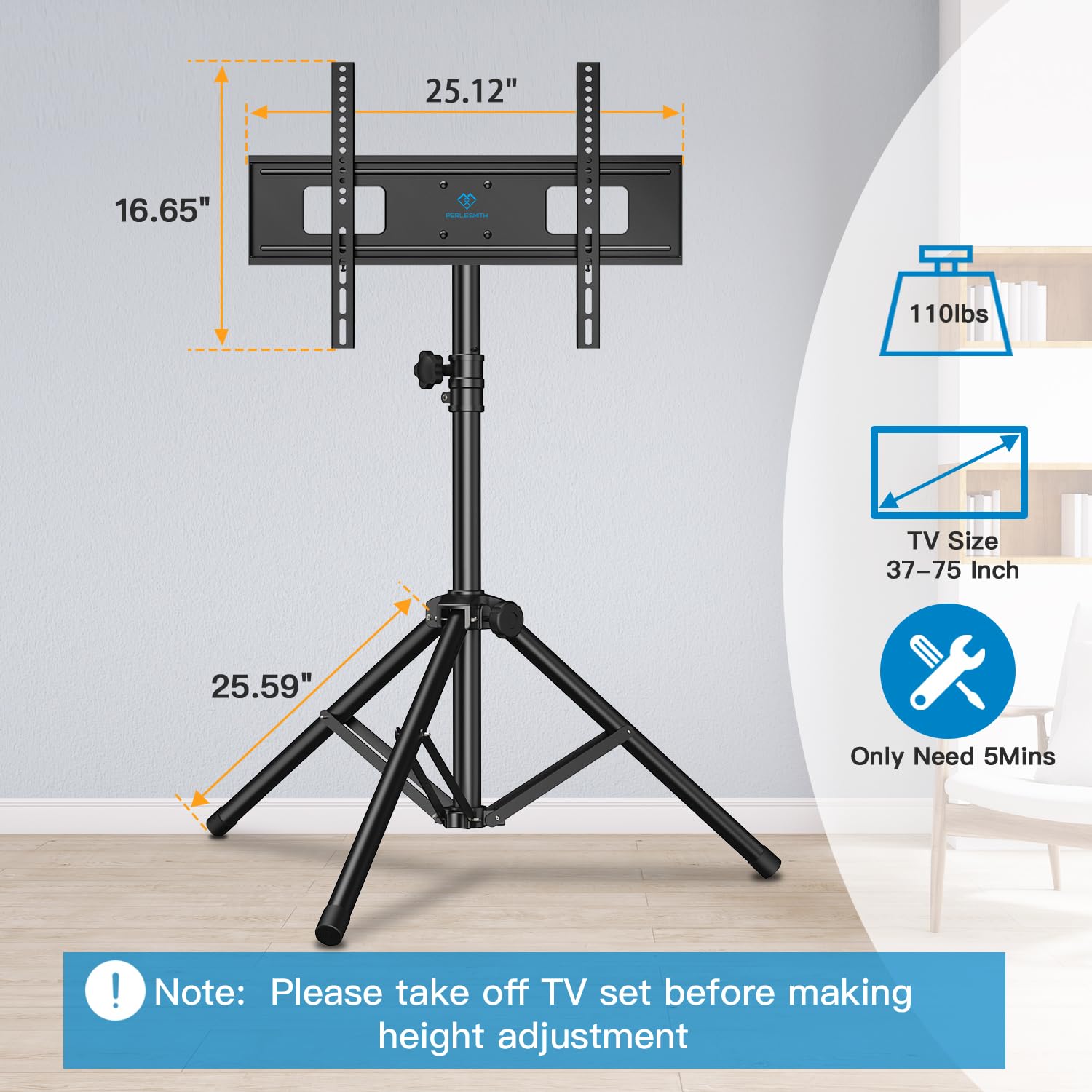 PERLESMITH Universal TV Floor Stand for 37-85 Inch Flat Screen TVs - Height Adjustable TV Tripod Stand with 600x400mm VESA Mount, Supports LED/LCD/OLED TVs up to 110lbs - Perfect for Living Room, Bedroom & Home Theater Setup