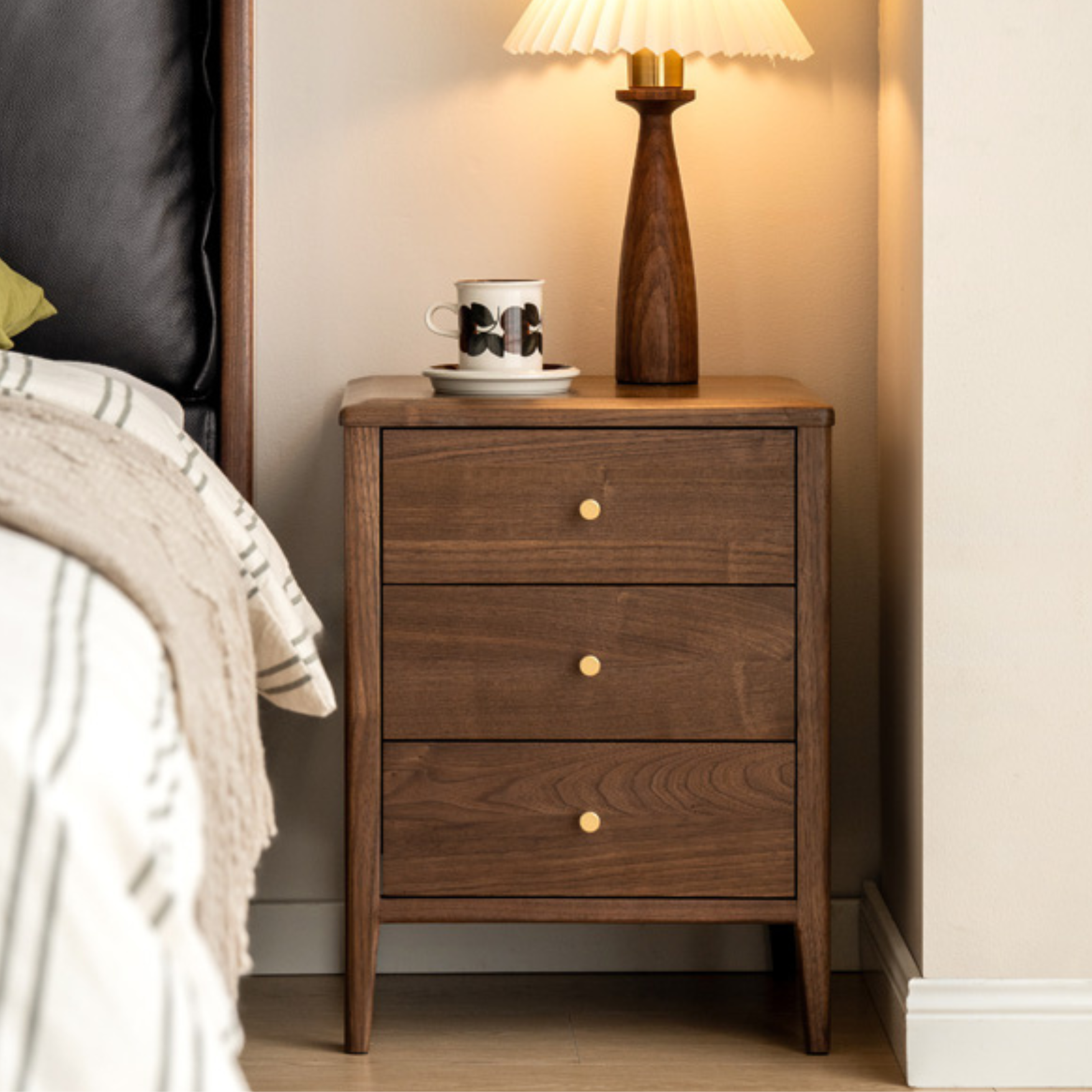 Premium Black Walnut Solid Wood Nightstand - Modern Nordic Style Bedside Table for Bedroom, Living Room & Office Furniture
