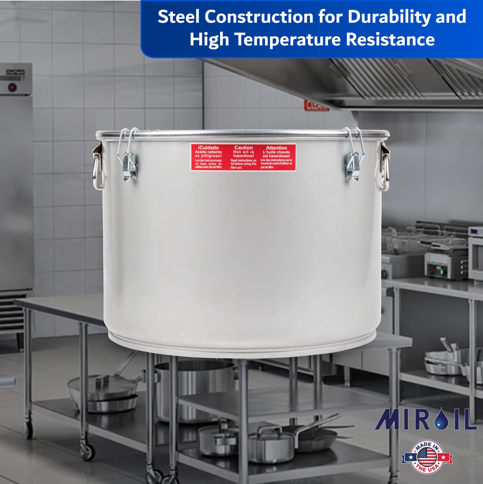 MirOil 7 Gallon Grease Bucket & Oil Filter Pot - Made in USA - Heavy Duty Commercial Deep Fryer Oil Filter System with Safety Lock Lid, 55 lbs Capacity - Low Profile Design Fits Under Drain Valves - Perfect for Restaurants, Food Trucks & Commercial Kitchens