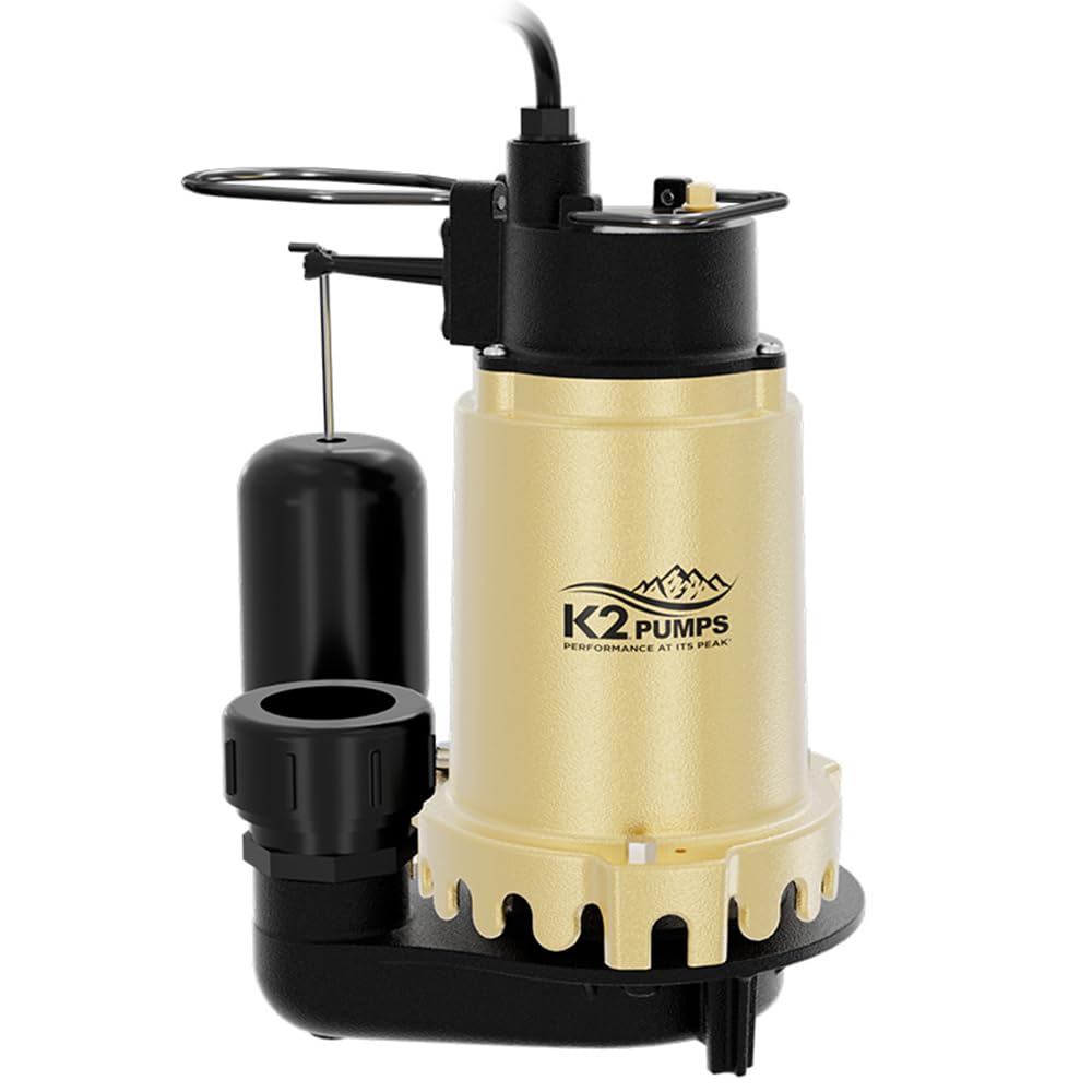 K2 Pumps SPI07502K 3/4HP Cast Iron Submersible Sump Pump with Quick Connect Fitting & Vertical Float Switch - Ideal for Basement Flood Prevention and Water Drainage