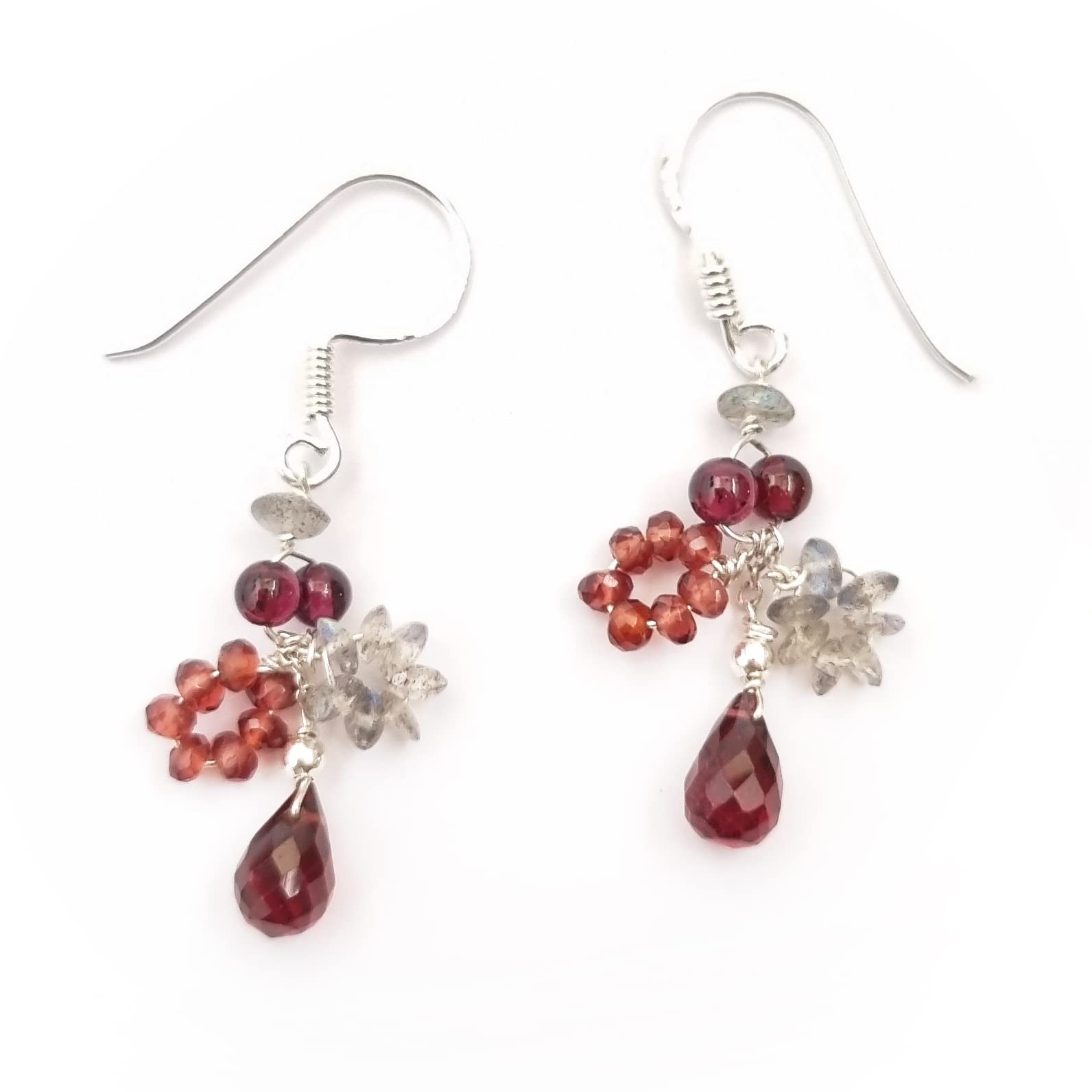 Natural Garnet Labradorite Beads Dangle Earrings for Women - Sterling Silver Dainty Gemstone Jewelry - Perfect for Everyday Wear, Office & Special Occasions