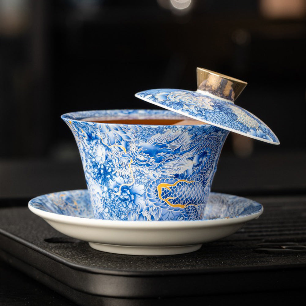 Premium Silver Dragon Enamel Porcelain Gaiwan - Traditional Chinese Tea Set for Gongfu Tea Ceremony, Perfect for Home Brewing & Tea Lovers