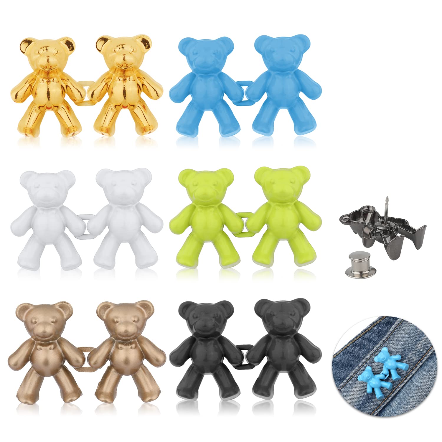 6 Pairs No-Sew Detachable Jean Buttons for Loose Jeans - Cute Bear Design Adjustable Waist Tightener Buckle Extender (6 Colors) - Perfect for Fixing Baggy Pants & DIY Denim Repair Without Tools