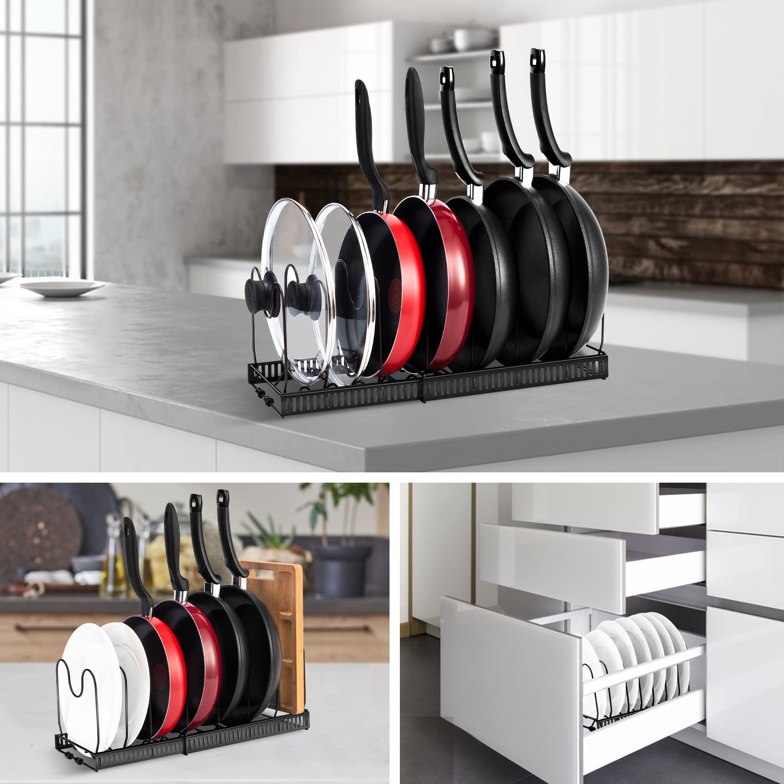 Expandable Pot and Pan Organizer Rack for Kitchen Cabinet - Adjustable Lid Holder with 10 Compartments, 3 DIY Installation Methods - Perfect for Small Kitchen Storage and Space Saving
