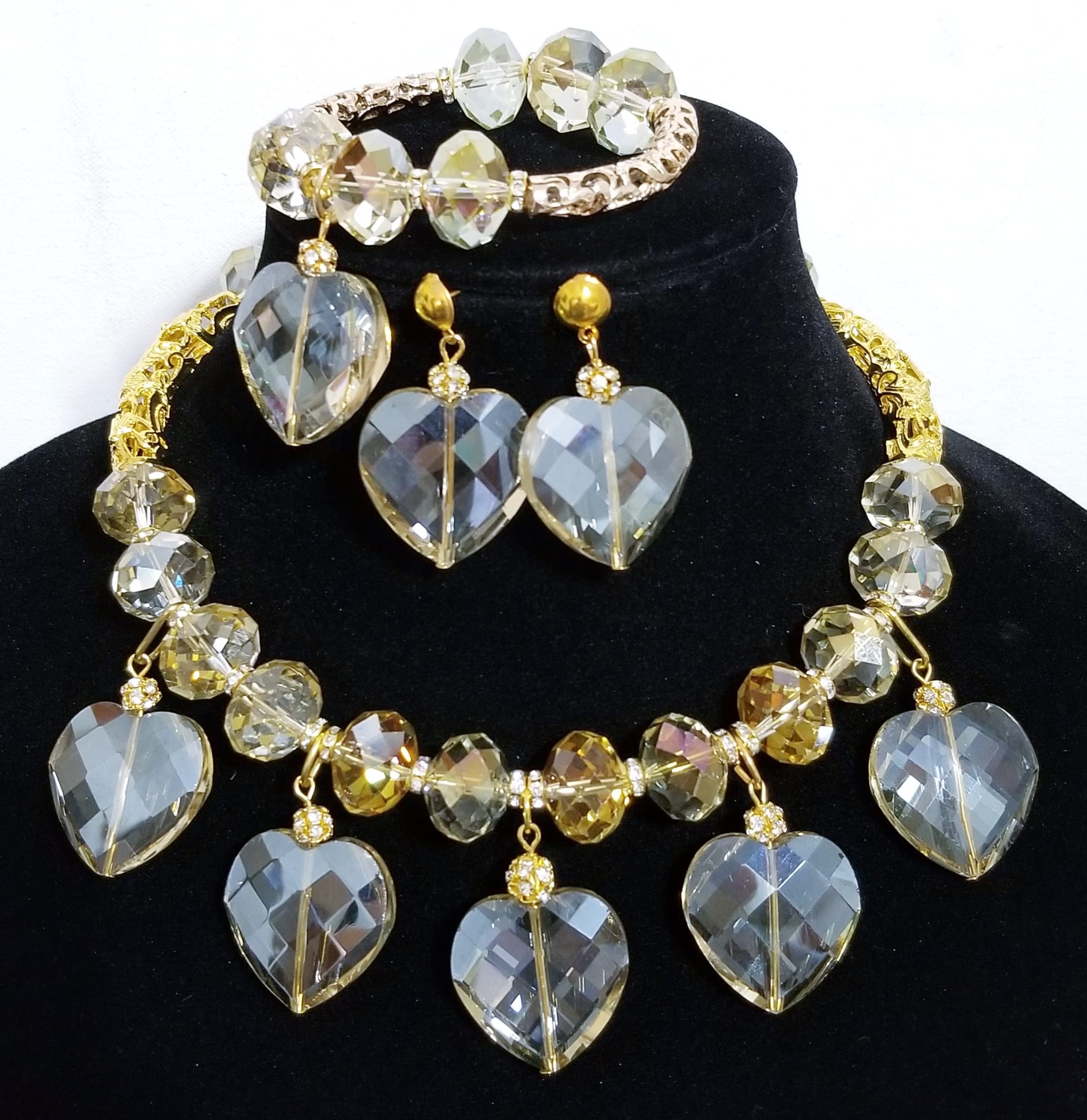 Exquisite Rare Sparkly Champagne Austrian Crystal Jewelry Set - Necklace, Earrings & Bracelet with 5 Hearts Design | Perfect for Weddings, Anniversaries & Special Occasions