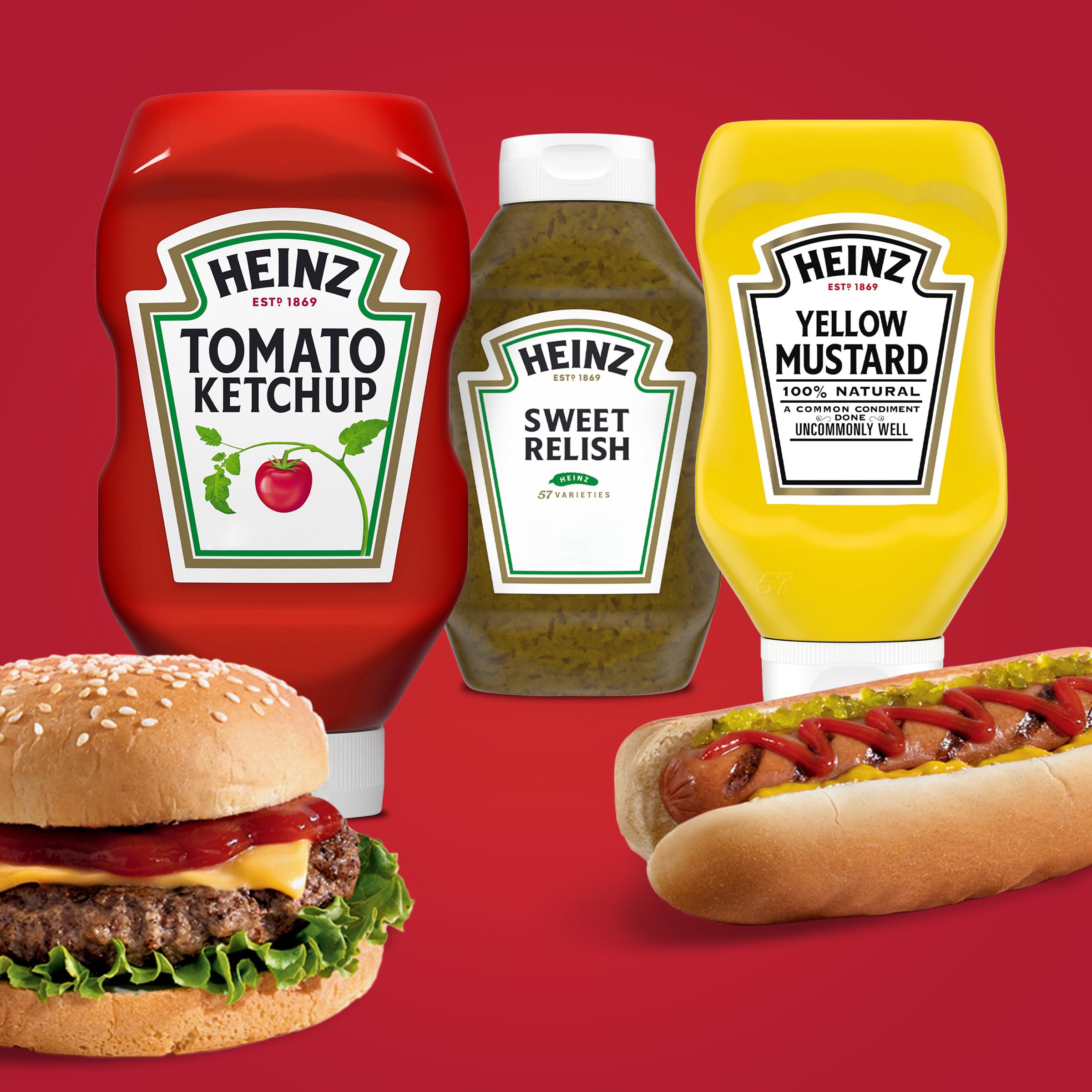Heinz Tomato Ketchup, Sweet Relish & Yellow Mustard Grill Pack - 3 Bottles Condiment Set for BBQ, Burgers, Hot Dogs & Picnics