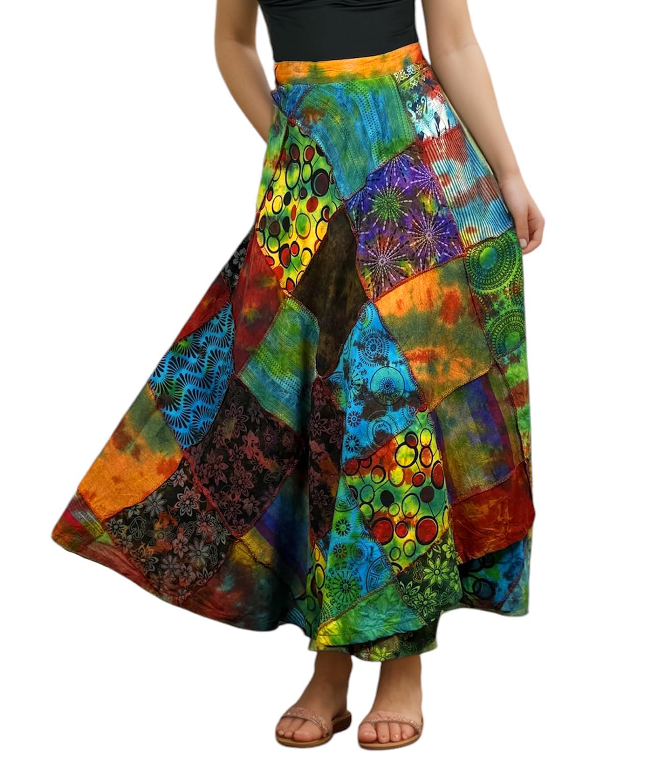 Agan Traders Women’s 2025 Spring & Fall Boho Maxi Skirt - High Waisted Patchwork Wrap Long Skirt with Tie Up Detail | Perfect for Beach, Music Festivals & Bohemian Style Outfits