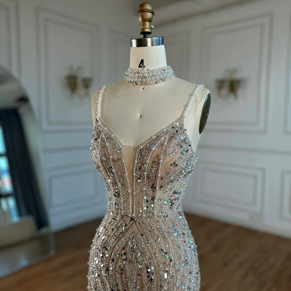 Elegant White Beaded Mermaid Evening Gown with Spaghetti Straps - LA72047D for Prom, Wedding, and Formal Events