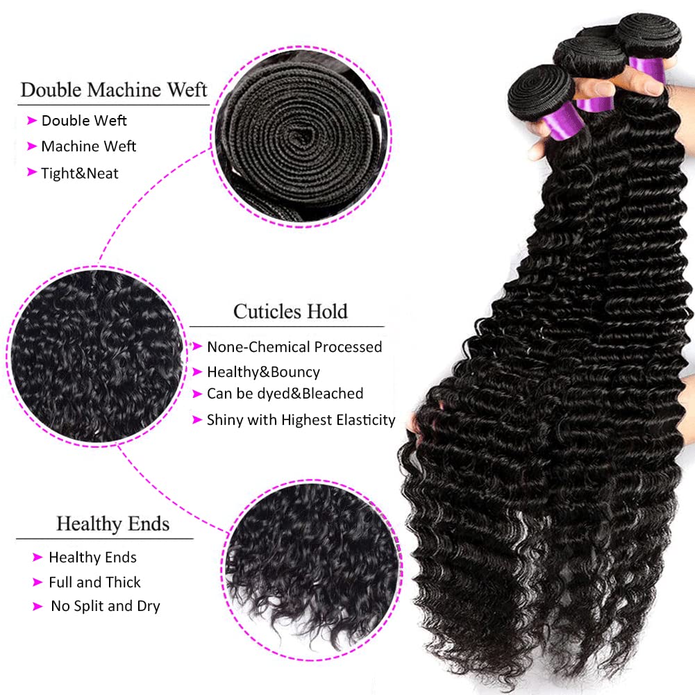 100% Brazilian Human Hair Bundles with Closure - Unprocessed Deep Wave Remy Hair Extensions (4 Bundles + 4x4 Lace Closure) for Natural Wet & Wavy Look - Perfect for Daily Styling, Special Occasions & Protective Hairstyles