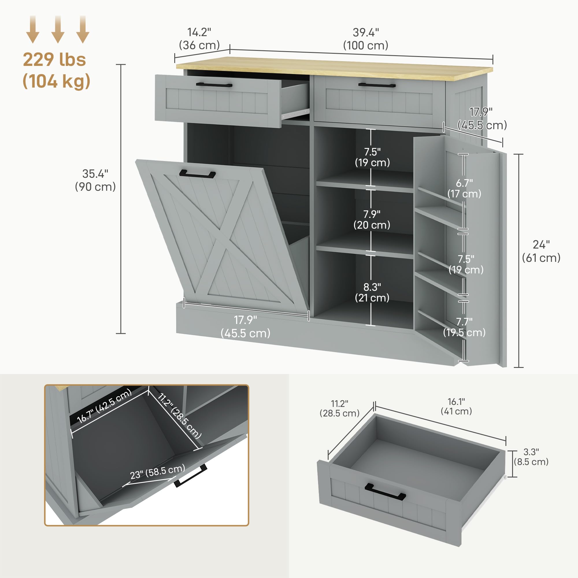 HOMCOM 10 Gallon Tilt-Out Trash Can Cabinet - Farmhouse Style Kitchen Storage with Hidden Trash Bin & 2 Drawers - Perfect for Laundry Room, Pantry, or Kitchen Organization (Gray)