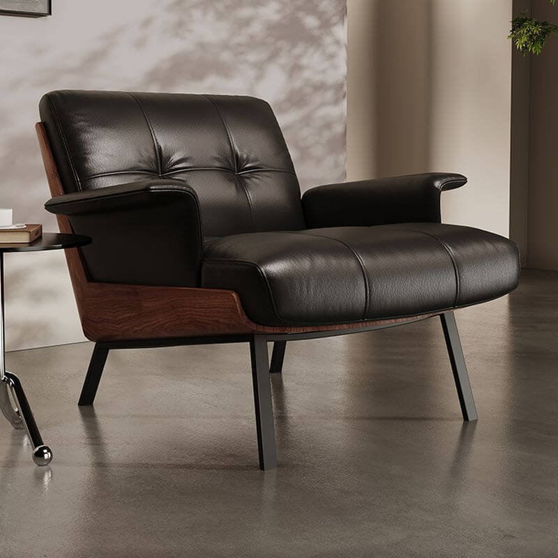 Ivory & Black Genuine Leather Tufted Armchair with Stitched Foam Cushion, Padded Backrest & Sturdy Wooden Legs - Elegant Living Room Seating for Home Office, Lounge & Reading Nook