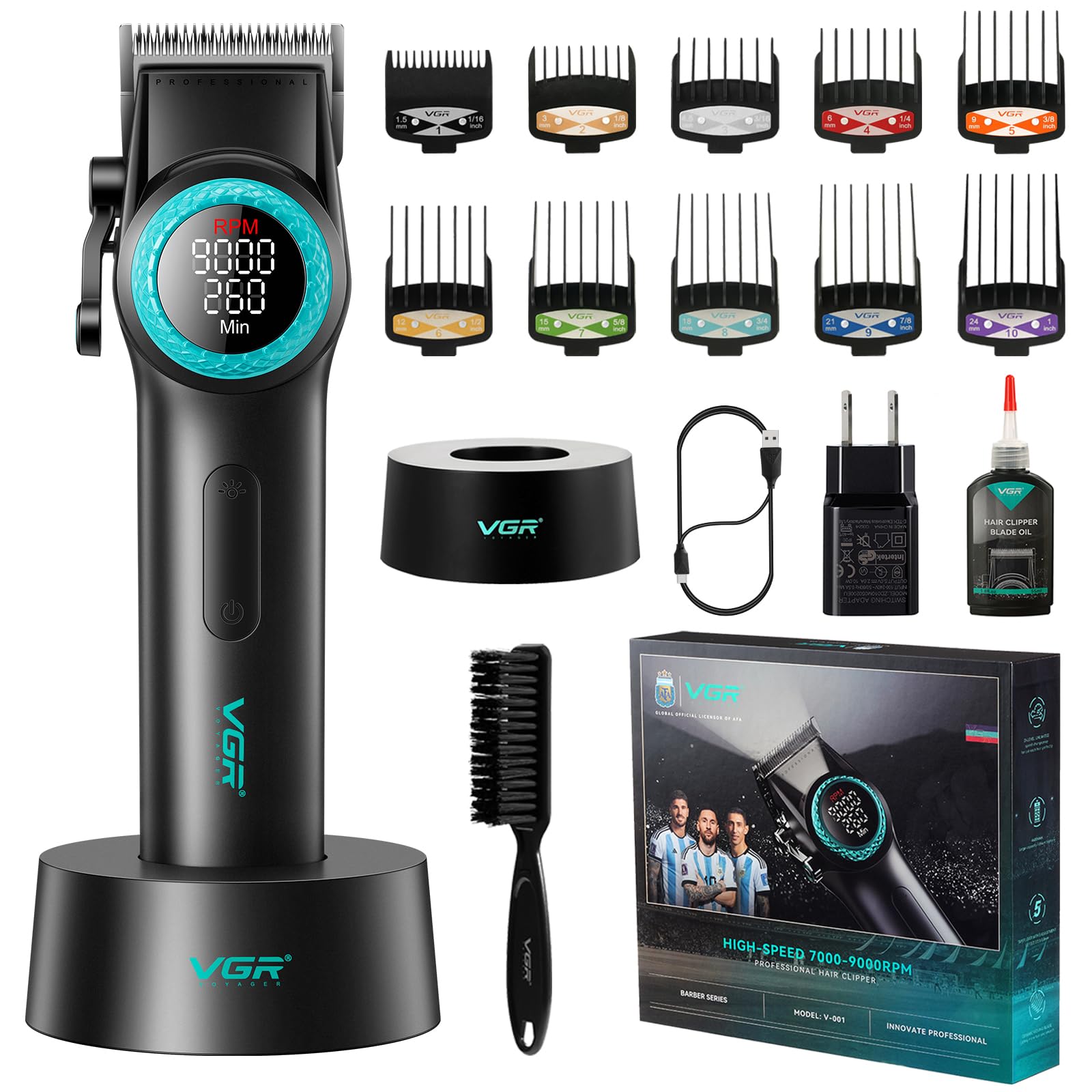 Professional Hair Clippers for Men - VGR 001 Cordless Barber Clippers with Carbon Steel Blade, 9000RPM High Speed, LED Display - Perfect for Home Haircuts, Salon Styling & Beard Trimming (Black)