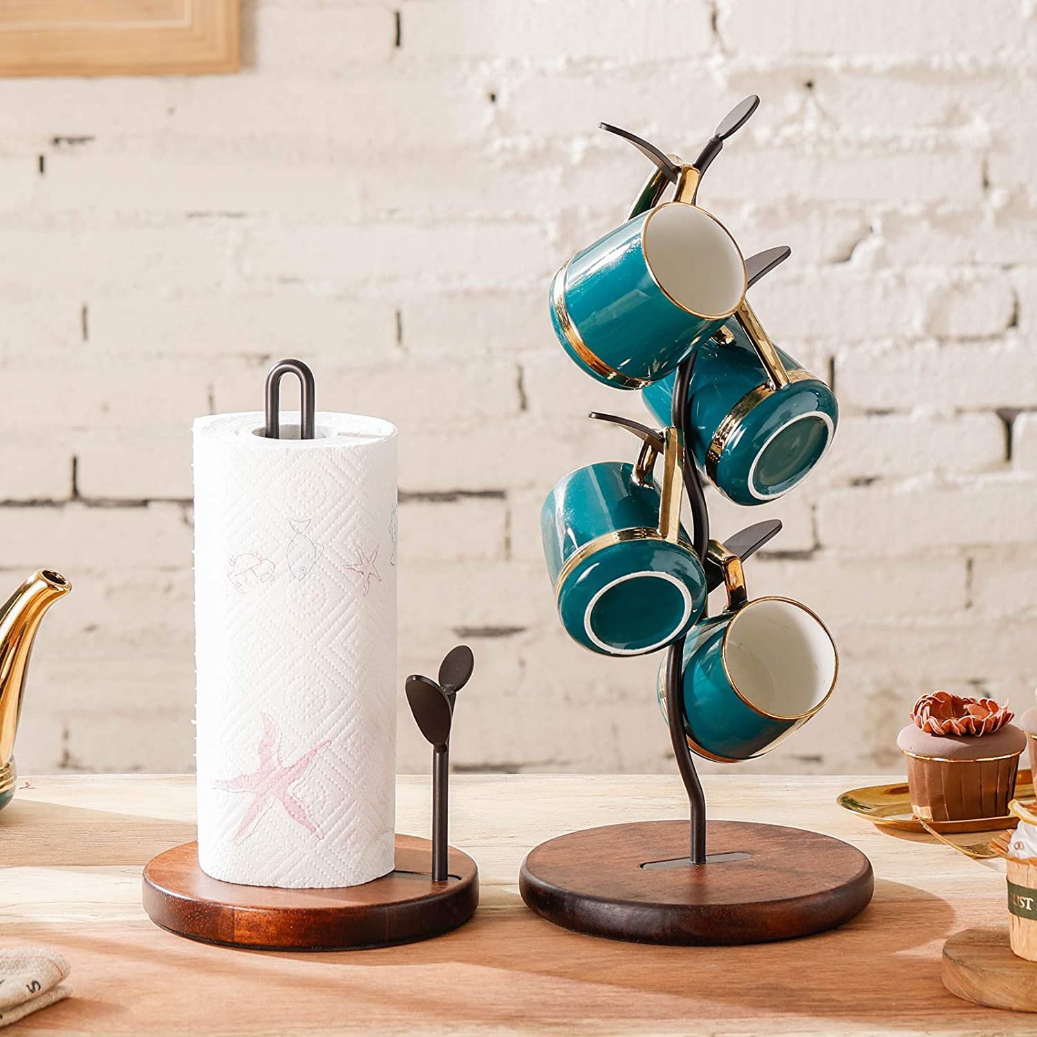 16-inch Wooden Mug Holder & Towel Paper Holder Set - Countertop Mug Tree Stand with Attractive Design for Coffee Cups | Perfect for Kitchen, Office, and Restaurant Organization