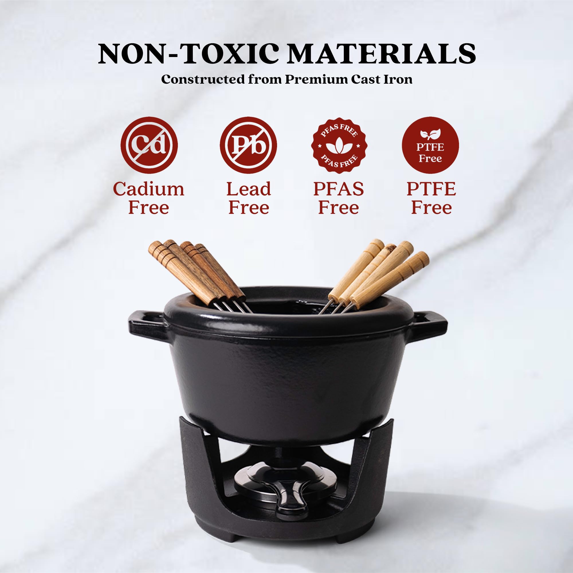 Alva Nori 2 Qt Enameled Cast Iron Fondue Set with 8 Wooden Forks & Adjustable Burner - Non-Toxic Cheese, Chocolate, and S'mores Fondue Pot - PFOA-Free, Easy Clean Melting Pot for Parties, Date Nights, and Family Gatherings