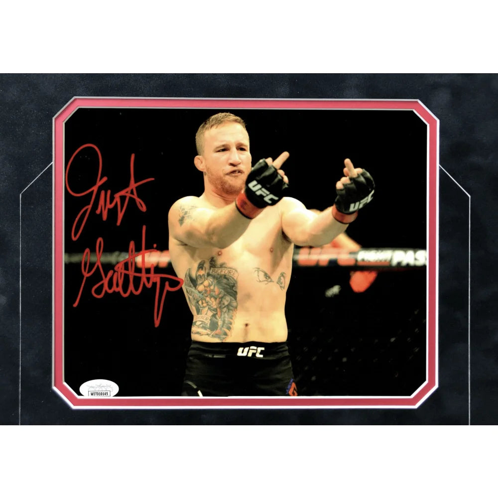 Justin Gaethje Signed UFC Framed 8x10 Photo Collage with JSA COA - Autographed Flip Bird Memorabilia - Perfect for MMA Fans, Sports Collectors, and Man Cave Decor