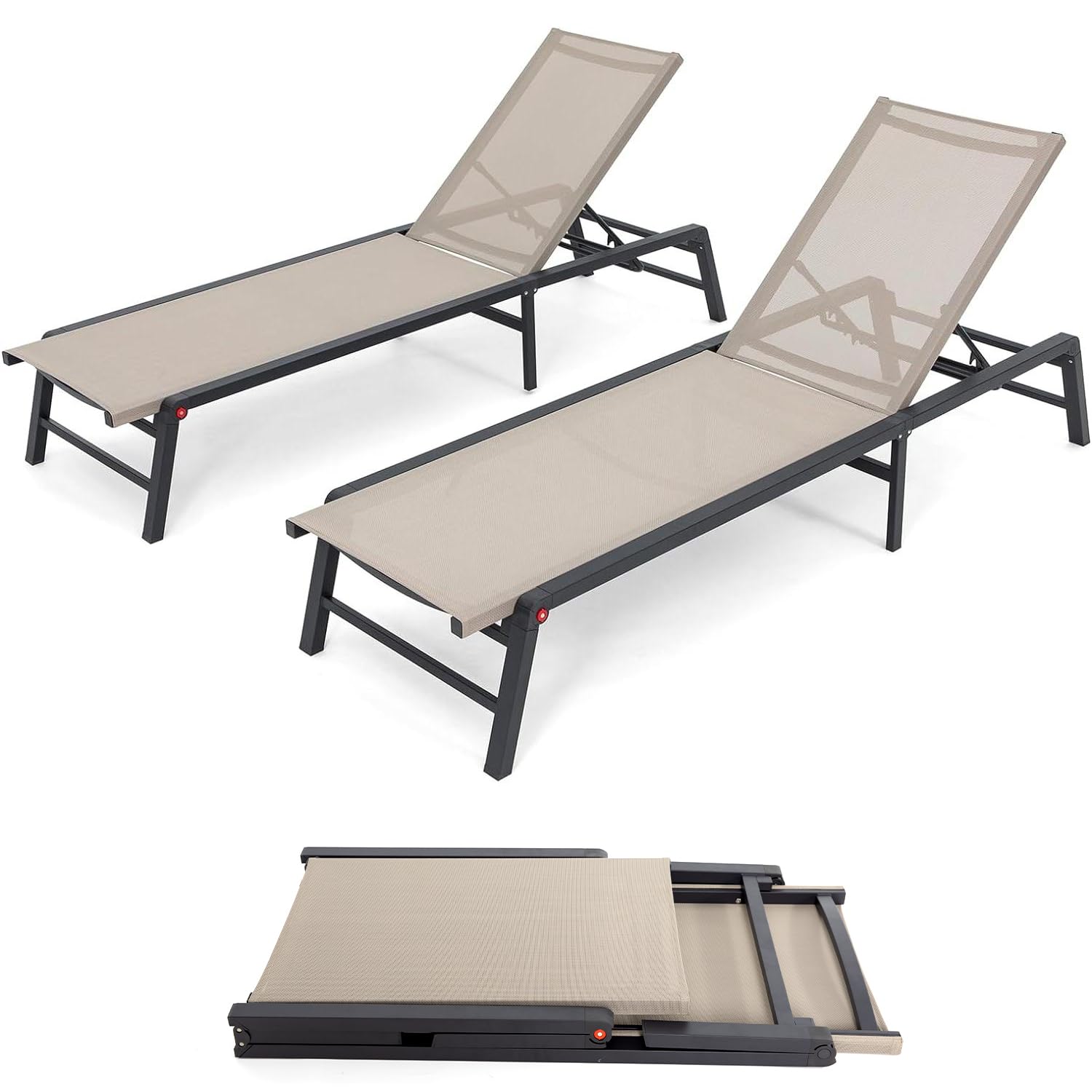 **Outdoor Chaise Lounge Chair Set of 2 - Aluminum Adjustable Folding Patio Chairs, 5-Position Recliner, No Assembly Required - Perfect for Poolside, Beach, Backyard & Indoor Relaxation (Beige)**