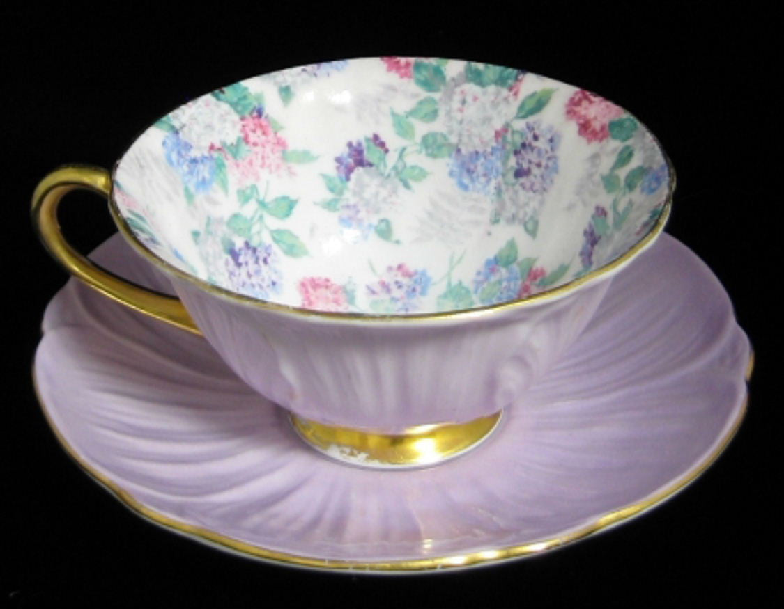 Vintage Shelley Summer Glory Chintz Footed Oleander Cup and Saucer Set - Mauve Floral with Burnished Gold Trim - Perfect for Afternoon Tea, Collectibles, and English Cottage Decor