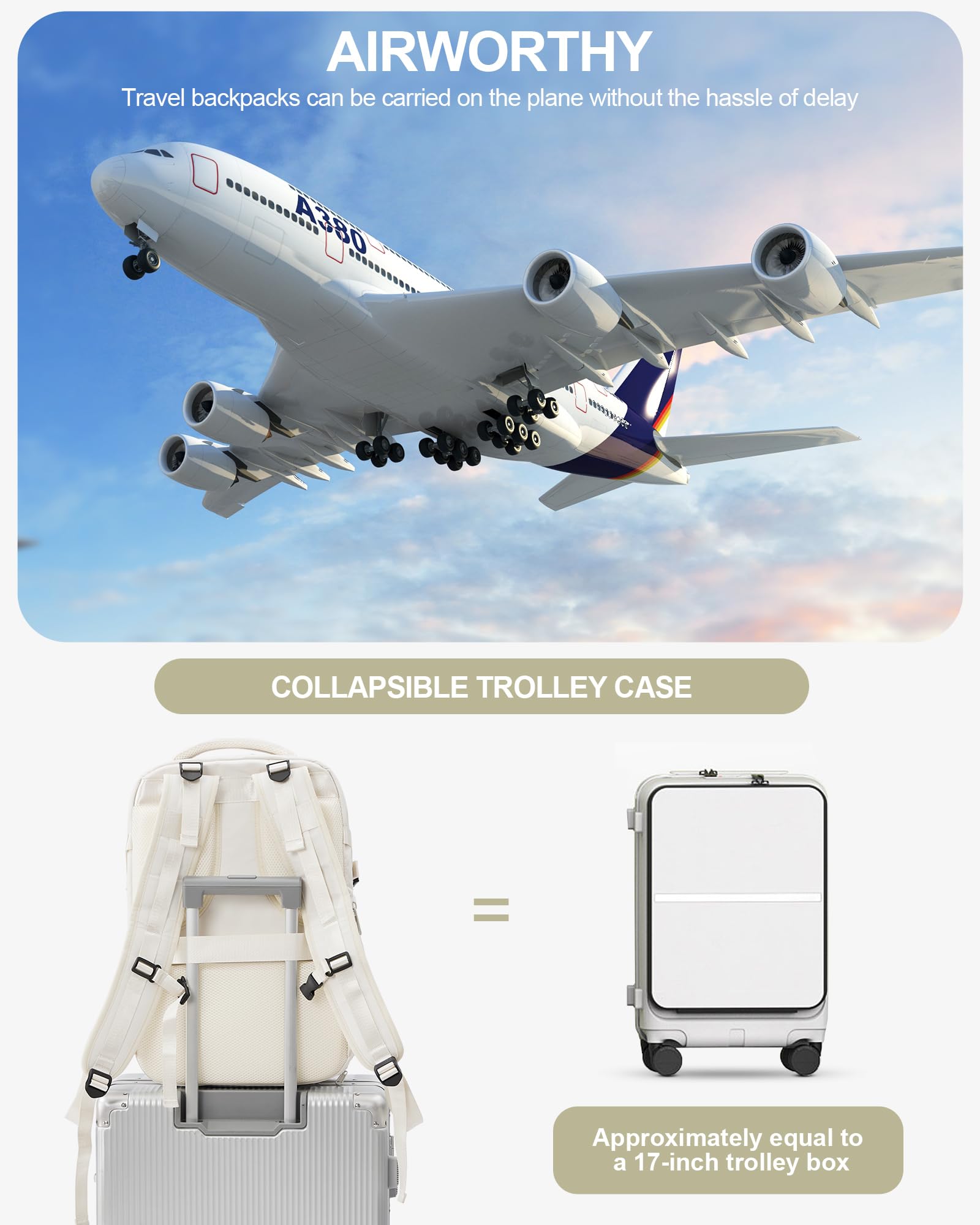 Suwasp Large Airline Approved Carry On Backpack for Women & Men - TSA Compliant Personal Item Bag for Frontier Airlines & Flights, Durable Travel Backpack with Spacious Compartments - Perfect for Business Trips, Weekend Getaways & Commuting (White)