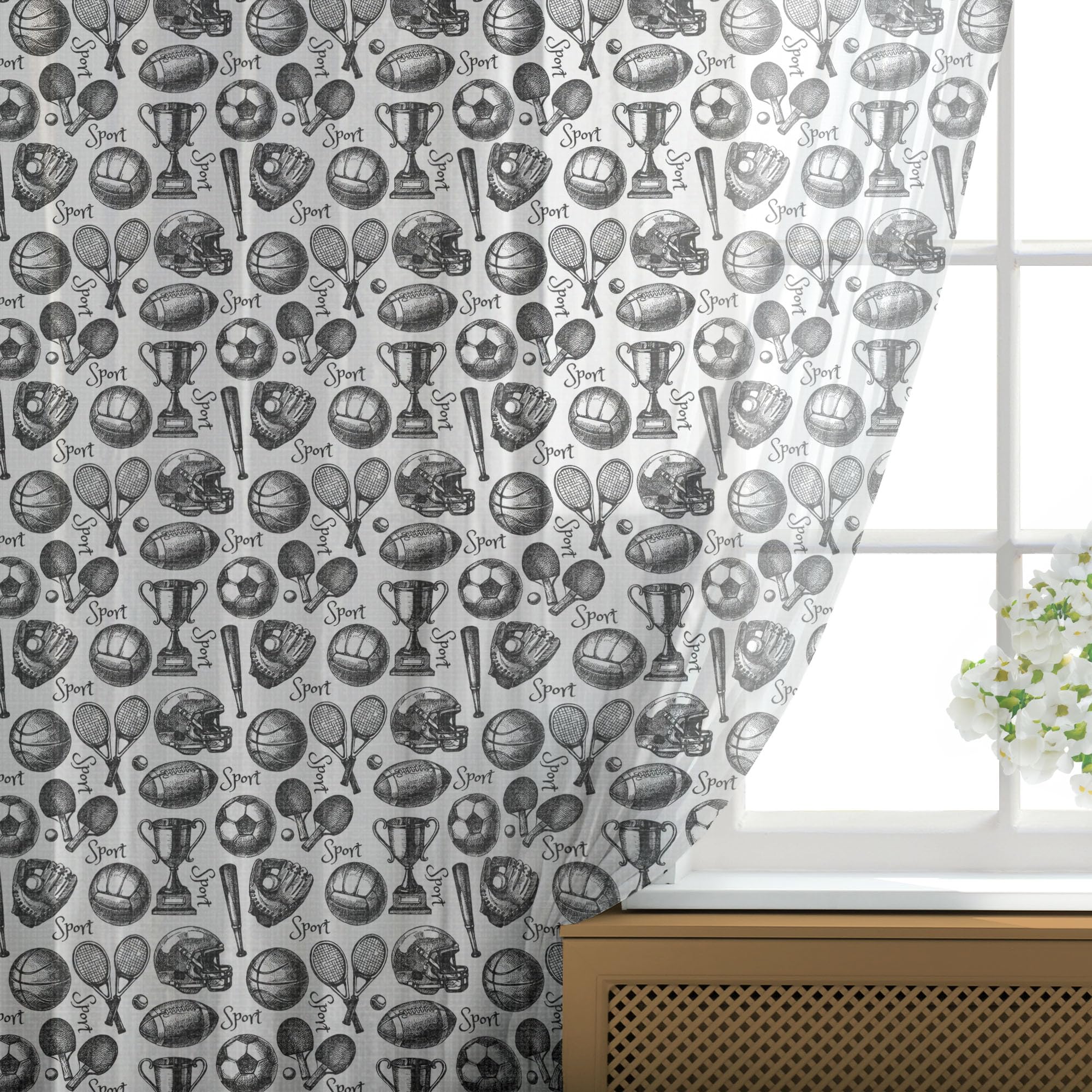 Ambesonne Black & White Sport Themed Tulle Curtains - Monochrome Baseball Glove, Ping Pong Ball & Bat Design - 108