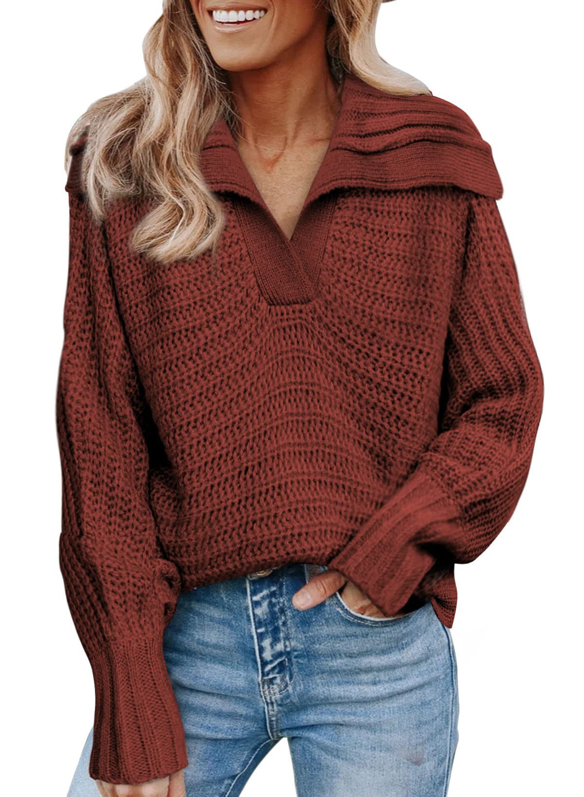 Dokotoo Women's V-Neck Long Sleeve Sweater - Soft Knit Pullover Top with Collar, Solid Color Casual Sweater for Work, Office & Fall Outfits