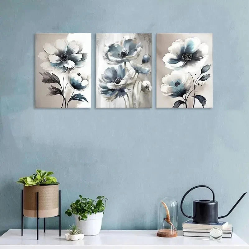3-Piece Abstract Blue and White Wildflower Metal Wall Art - Ready to Hang Canvas Prints for Living Room, Bedroom & Office Decor