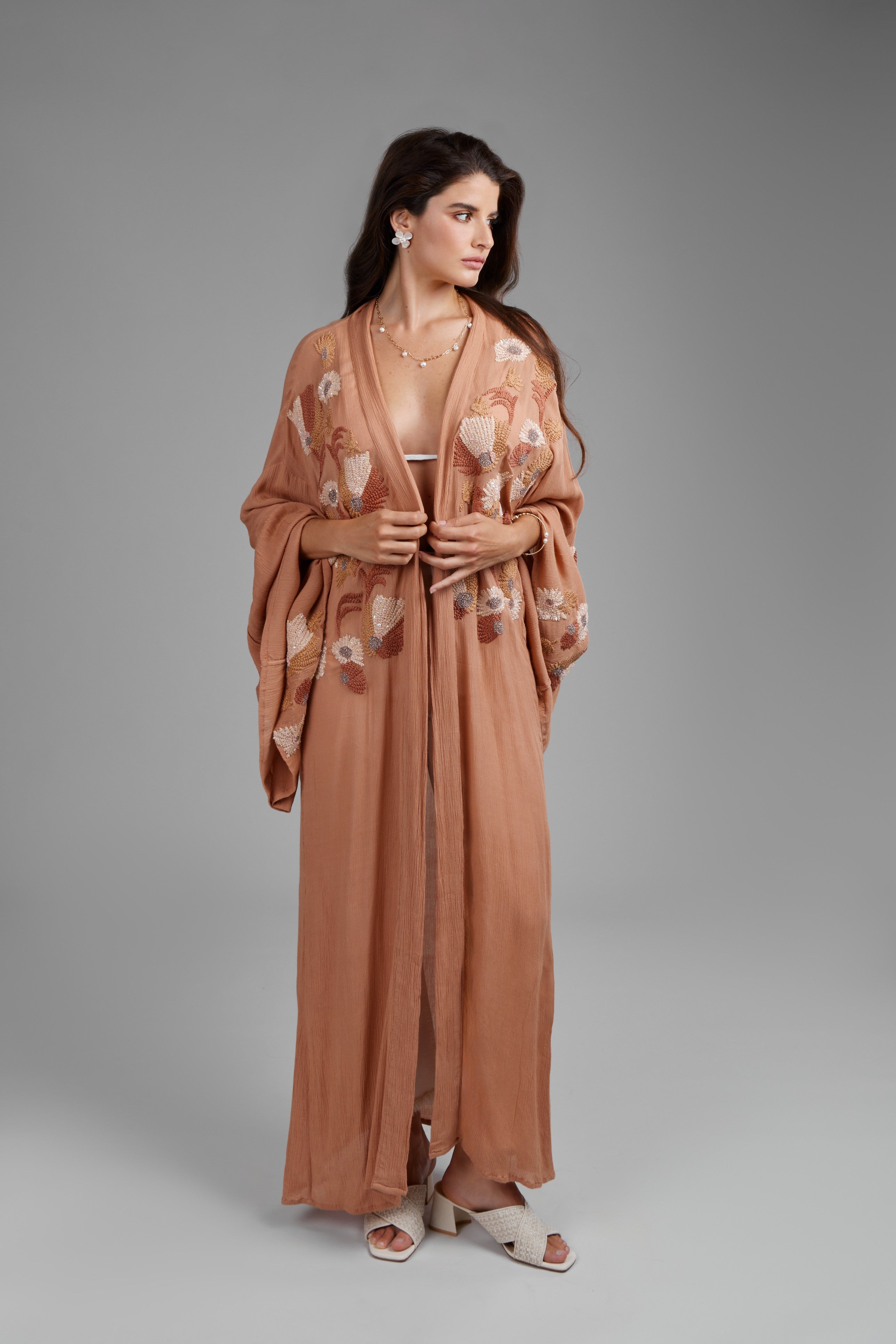 Floral Embellished Long Kimono Robe - Elegant Boho Cover Up for Women - Perfect for Beach, Pool, Vacation & Loungewear