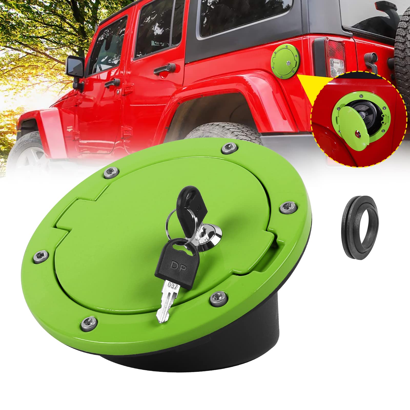 JeCar Locking Fuel Filler Door Gas Cap Cover - Compatible with Jeep Wrangler JK & Unlimited 2007-2018 - Anti-Theft Exterior Accessories - Green - Perfect for Off-Roading & Parking Security