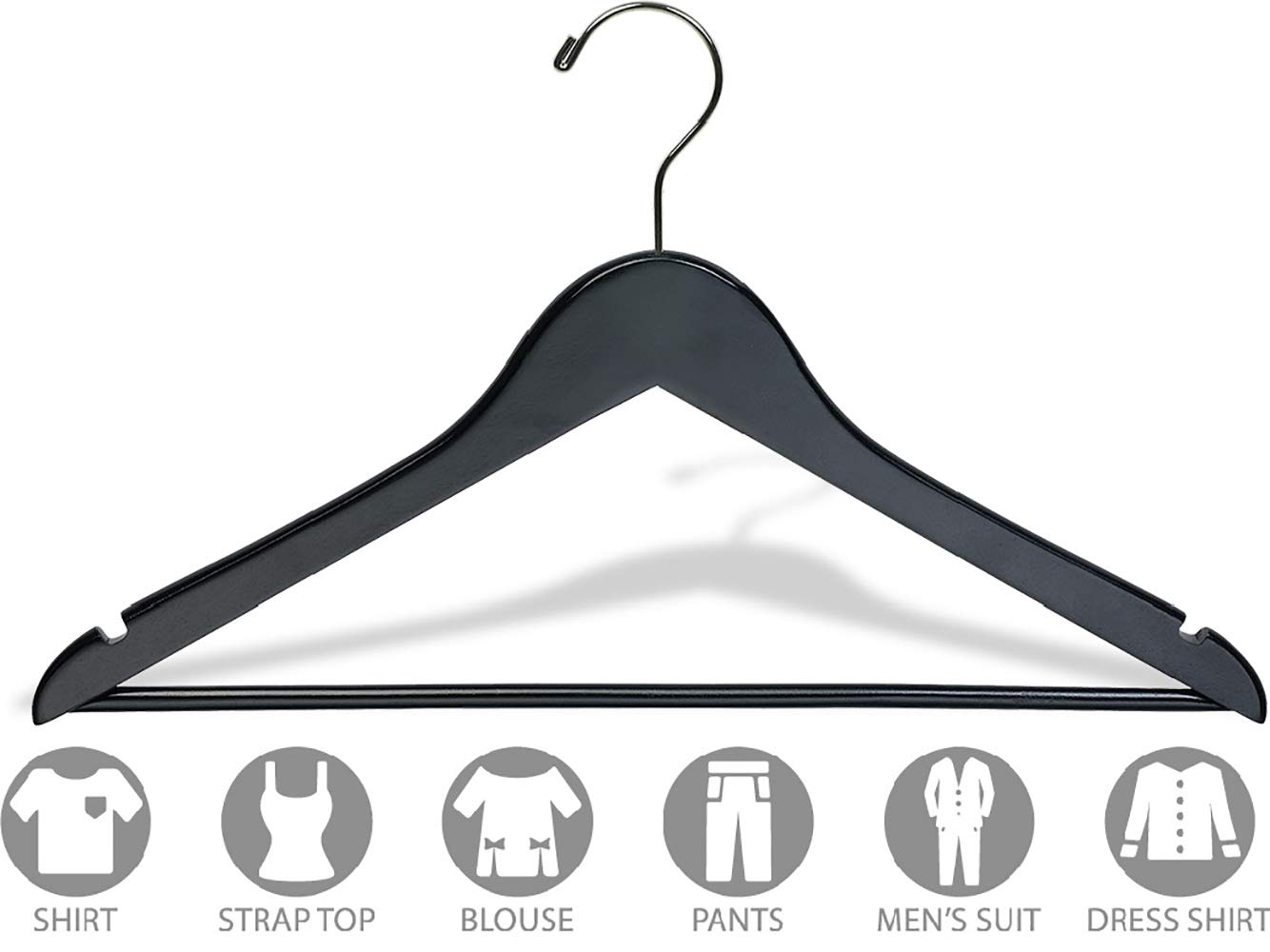 Premium Black Rubberized Wooden Suit Hangers - Solid Wood Bar with Flat Rubber Coating, Chrome Swivel Hook & Notches (Set of 50) by The Great American Hanger Company - Perfect for Closet Organization, Retail Stores & Luxury Garment Care